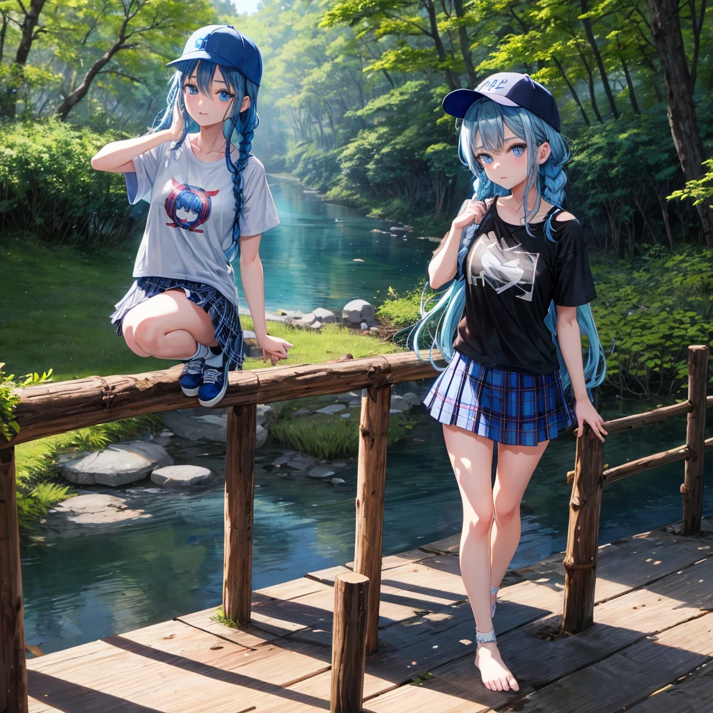 Blue hair、blue eyess、Braids、one good looking girl、独奏、animesque、Plaid miniskirt、Black T-shirt、camisole、the woods、Sunlight、Wearing a plaid baseball cap、bare-legged、Tilting your face、Walking、Crossing a log bridge while keeping balance