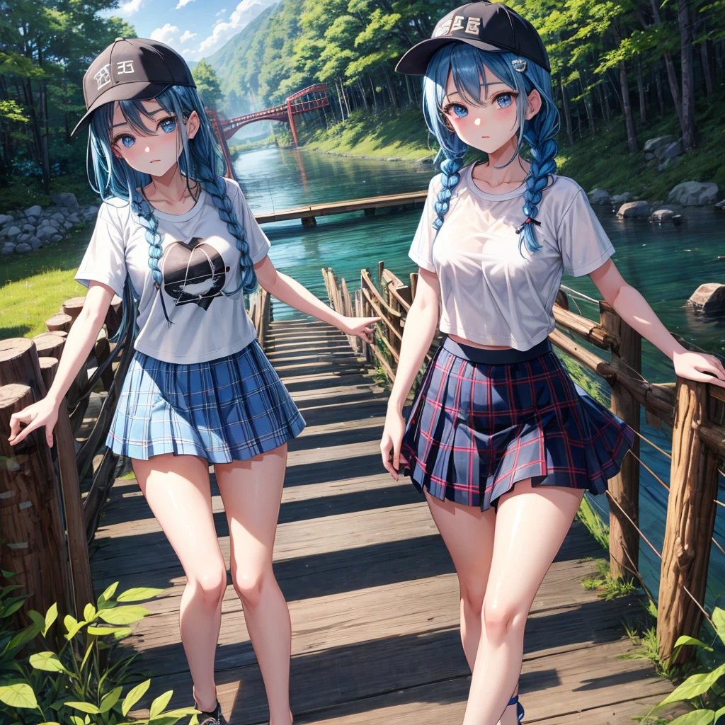Blue hair、blue eyess、Braids、one good looking girl、独奏、animesque、Plaid miniskirt、Black T-shirt、camisole、the woods、Sunlight、Wearing a plaid baseball cap、bare-legged、Tilting your face、Walking、Crossing a log bridge while keeping balance