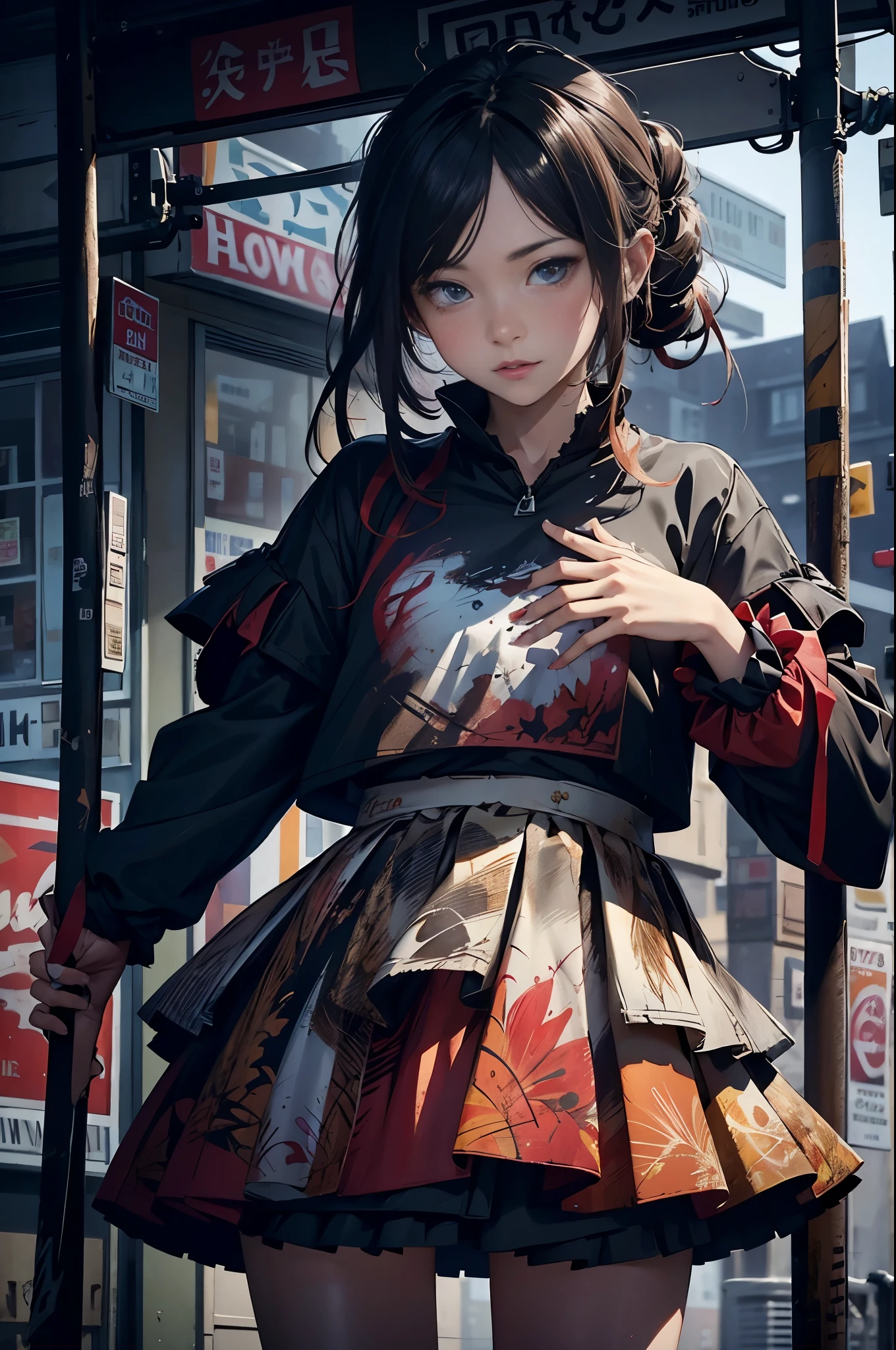 Located in the center,((looking at the camera in:1.2)),(nearing perfection:1.4),dynamic,smooth private parts,Focus sharp,Lighting,Artwork by Carne Griffiths and Wadim Kashin . Vibrant brushstrokes, bold colour,Be expressive, Emotional, offcial art,Unity8k wallpaper,ultra - detailed,Beautiful and beautiful,tmasterpiece,Best quality at best,1 girl,The content is very detailed,(Ruffled skirt)，Chaos in its most beautiful form,Elegant,Fauvistdesign,Vibrant colors,((Corner store))，