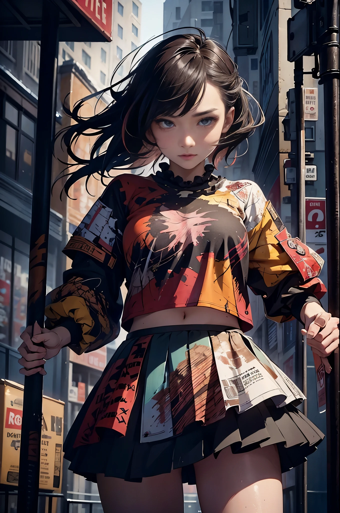 Located in the center,((looking at the camera in:1.2)),(nearing perfection:1.4),dynamic,smooth private parts,Focus sharp,Lighting,Artwork by Carne Griffiths and Wadim Kashin . Vibrant brushstrokes, bold colour,Be expressive, Emotional, offcial art,Unity8k wallpaper,ultra - detailed,Beautiful and beautiful,tmasterpiece,Best quality at best,1 girl,The content is very detailed,(Ruffled skirt)，Chaos in its most beautiful form,Elegant,Fauvistdesign,Vibrant colors,((Corner store))，