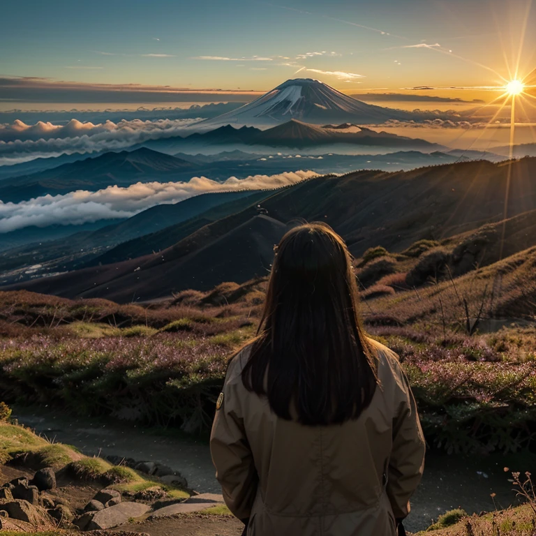 (Mt fuji,sunrises,Realistic depiction,a picture,Contre-Jour,a cloud),goodlooking,gasp,golden colors,The sun comes from near the top of the mountain,Mt fujiは1つだけ,over the girl&#39;s back,１People only,Don't show your face,Longhaire,dragon.