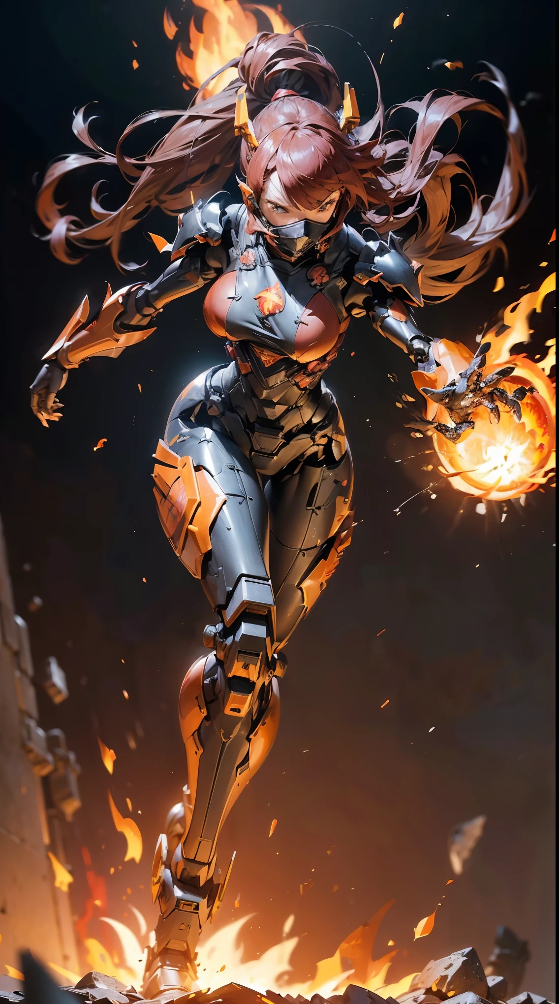 woman wearing ninja armor,(Push your palm forward and fire a fireball:1.5),(tactical full face mask),(orange body:1.1),(sensually:1.4),(large full breasts:1.3),(long legged:1.1),(A detailed eye:1.3),(A detailed face:1.3),(Detailed weapons:1.3),(Detailed body:1.3),(full body Esbian:1.5),(The background is an inferno effect:1.5:),(blur backgroun:1.3),逼真,(((masutepiece,Extremely detailed, Heavy mechs, hard surface)))