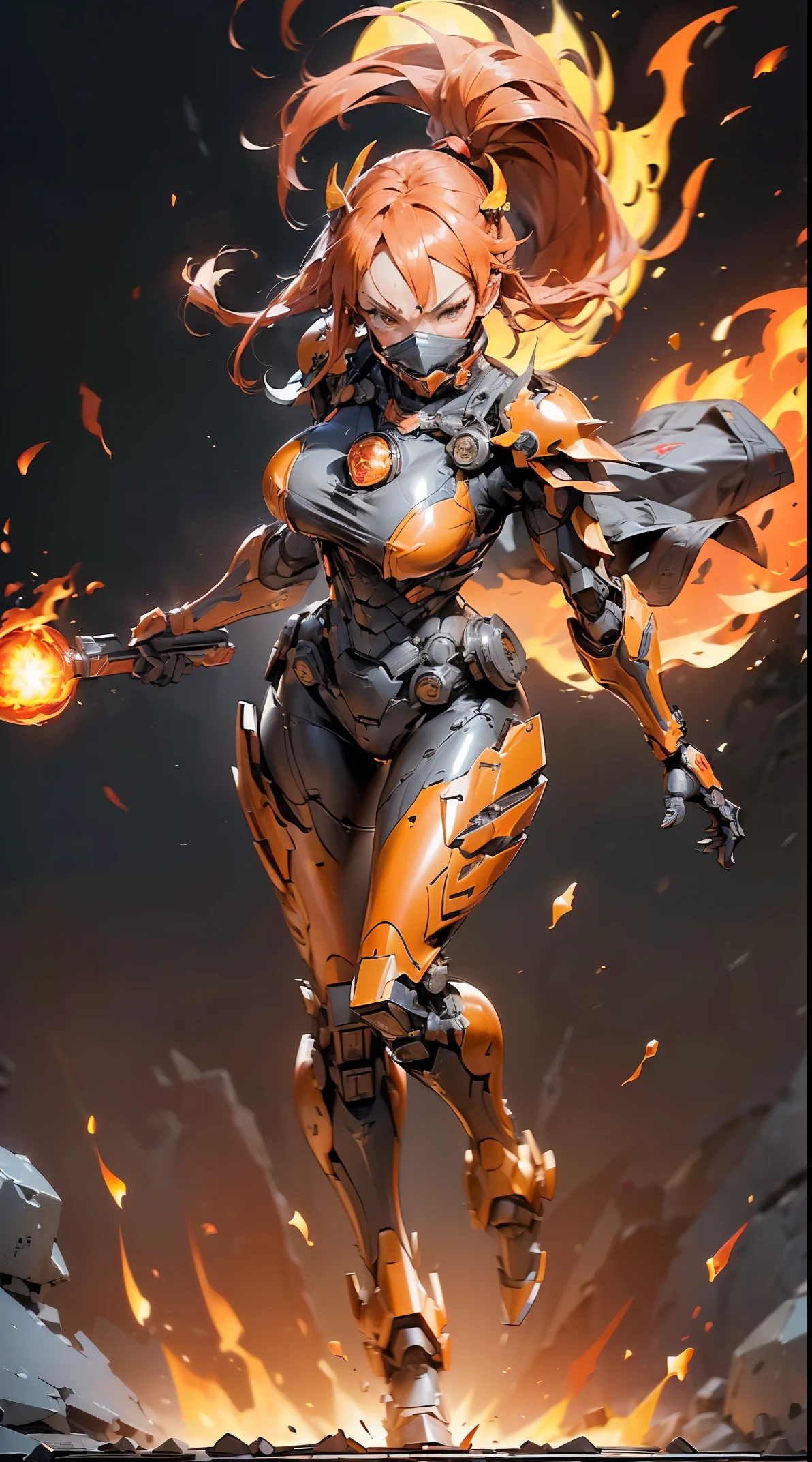 woman wearing ninja armor,(Push your palm forward and fire a fireball:1.5),(tactical full face mask),(orange body:1.1),(sensually:1.4),(large full breasts:1.3),(long legged:1.1),(A detailed eye:1.3),(A detailed face:1.3),(Detailed weapons:1.3),(Detailed body:1.3),(full body Esbian:1.5),(The background is an inferno effect:1.5:),(blur backgroun:1.3),逼真,(((masutepiece,Extremely detailed, Heavy mechs, hard surface)))