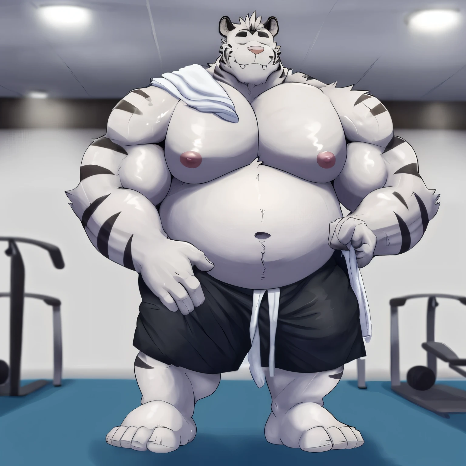 axel cosmas , solo, towel on shoulder,black shorts plump, huge, gym background, nipples, big fat belly, big ass, eyes shut, standing, 5 fingers, musclegut body, lineart, normal eyes, wet body, macro body, massive body, huge pecs, very wide