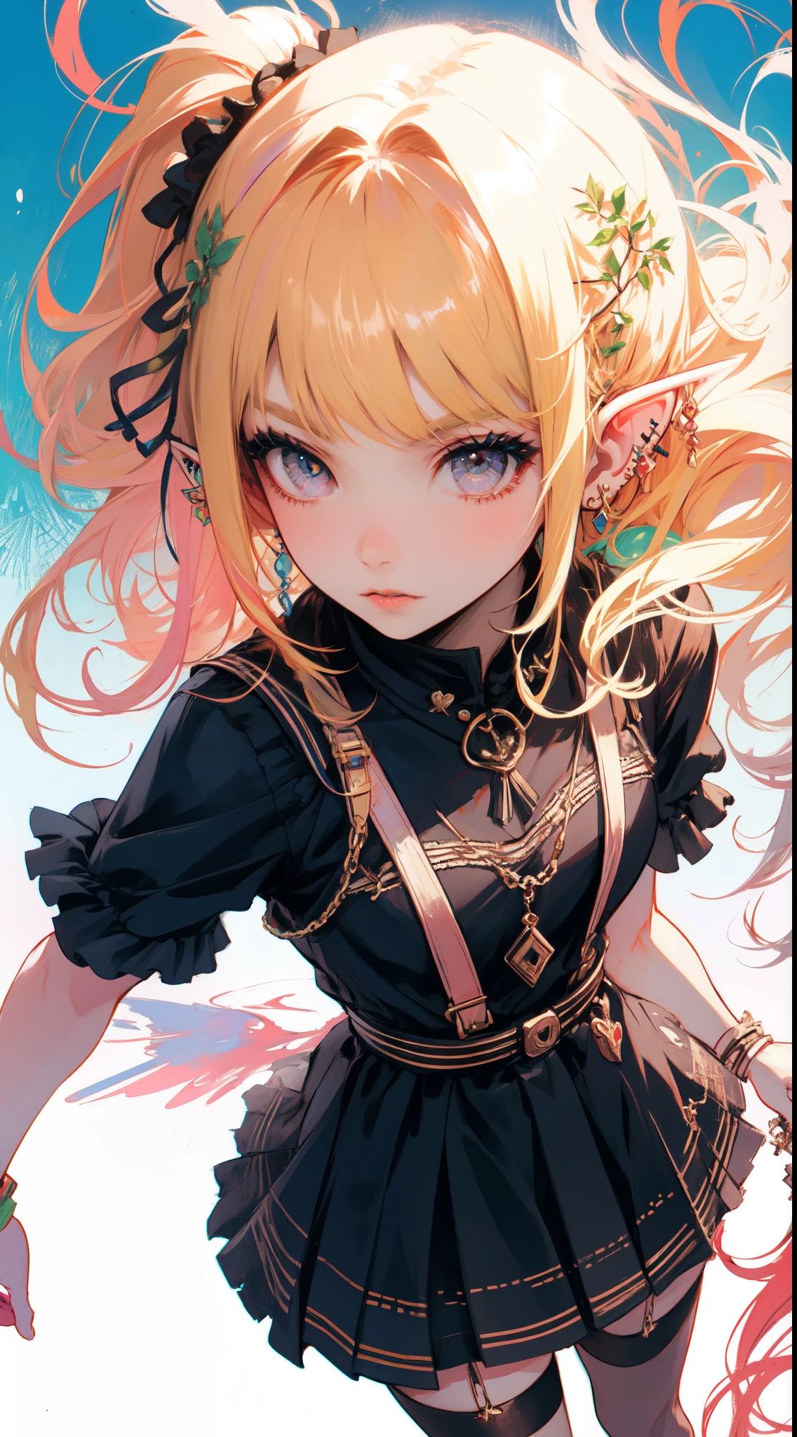 (masterpiece, top quality, best quality, official art, beautiful and aesthetic:1.2), ((elf)), ((1girl)), extreme detailed,(fractal art:1.3),colorful,highest detailed, Cowboy shot, from above,  art by Artgerm, by wadim kashin, by Kawacy, by Yoshitaka Amano, BREAK, (elf), (1girl), solo, perfect face, details eye, Blunt bangs, Blonde white hair, (hair between eye), eyelashes, eyeshadow, pink eyeshadow, BREAK, corsages, jirai kei, (jirai kei fashion:1.1), Frills, Skirts, Various accessories, (ear piercing), punky style, Japanese subculture, fashion, Stockings, colorful, (Dark circles:1.2),