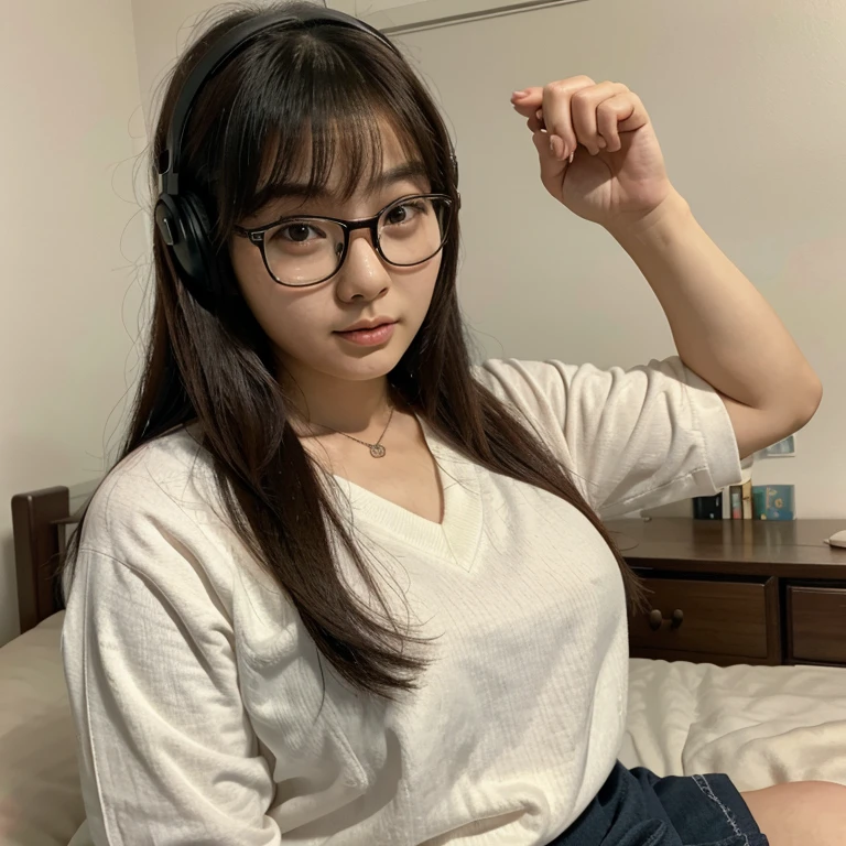 Korean Asian woman wearing glasses and headphones sitting on the bed, with glasses, korean girl, thick glasses, age is 18 years old, 2 2 years old, thicc, 21 years old, beautiful asian girl, asian girl, young and cute girl, with glasses on, spectacled, cutecore, big glass, Cat girl is so cute...,japanese school uniform,braid,Red-Haired