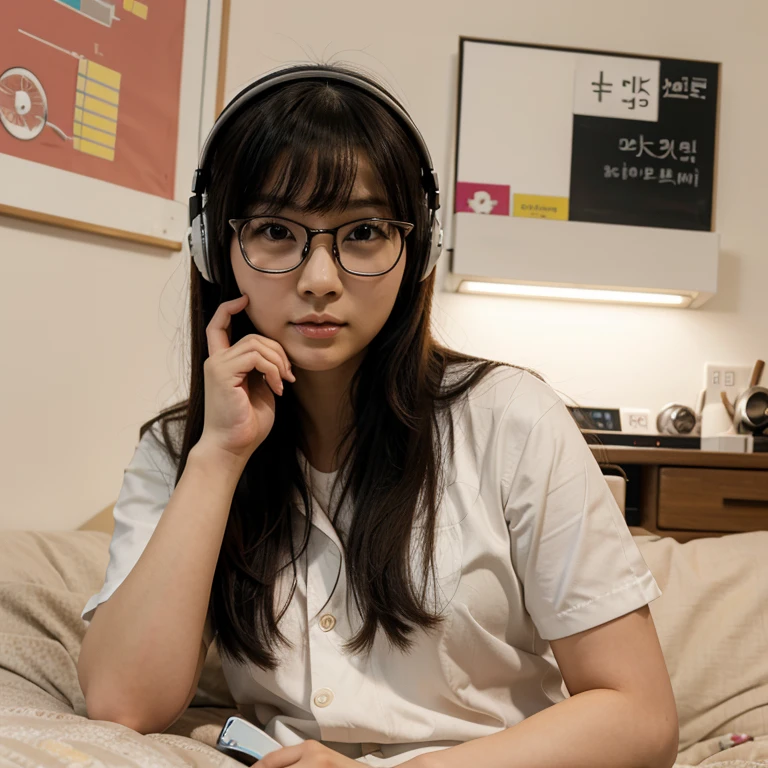 Korean Asian woman wearing glasses and headphones sitting on the bed, with glasses, korean girl, thick glasses, age is 18 years old, 2 2 years old, thicc, 21 years old, beautiful asian girl, asian girl, young and cute girl, with glasses on, spectacled, cutecore, big glass, Cat girl is so cute...,japanese school uniform,