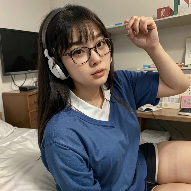 Korean Asian woman wearing glasses and headphones sitting on the bed, with glasses, korean girl, thick glasses, age is 18 years old, 2 , thicc, 21 years old, beautiful asian girl, asian girl, young and cute girl, with glasses on, spectacled, cutecore, big glass, Cat girl is so cute...,japanese school uniform,