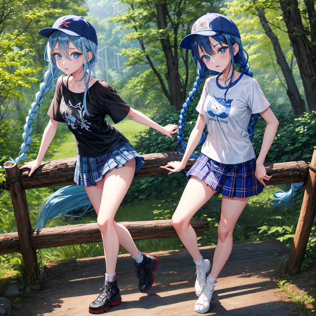 Blue hair、blue eyess、Braids、one good looking girl、独奏、animesque、Plaid miniskirt、Black T-shirt、camisole、the woods、Sunlight、Wearing a plaid baseball cap、bare-legged、Tilting your face、Walking、Crossing a log bridge while keeping balance