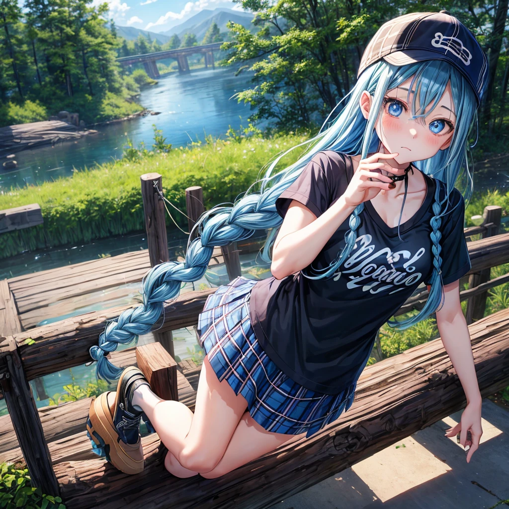 Blue hair、blue eyess、Braids、poneyTail、one good looking girl、独奏、animesque、Plaid miniskirt、Black T-shirt、camisole、the woods、sitting on、Wearing a plaid baseball cap、bare-legged、Tilting your face、log bridge、Doing the ribbon、have a twig、falls、Blue Topaz、Sunset sky、Wearing headphones、spirals、Eyes closed