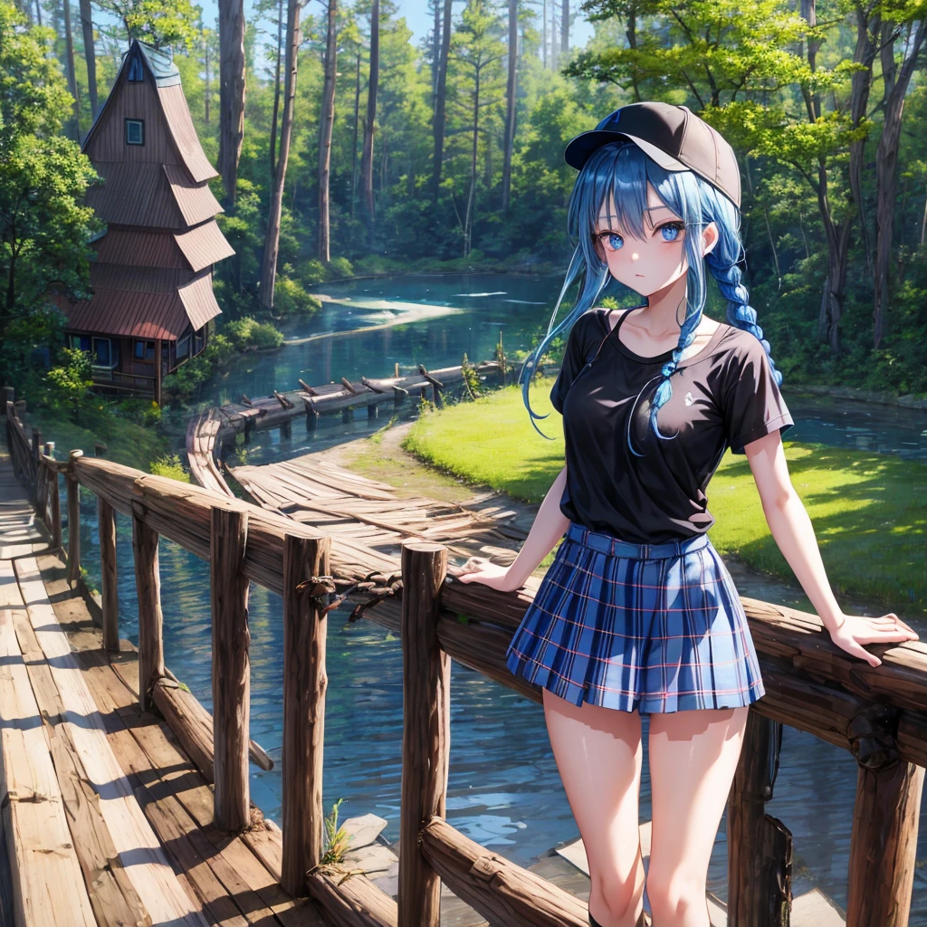 Blue hair、blue eyess、Braids、one good looking girl、独奏、animesque、Plaid miniskirt、Black T-shirt、camisole、the woods、Sunlight、Wearing a plaid baseball cap、bare-legged、Tilting your face、Walking、Crossing a log bridge while keeping balance