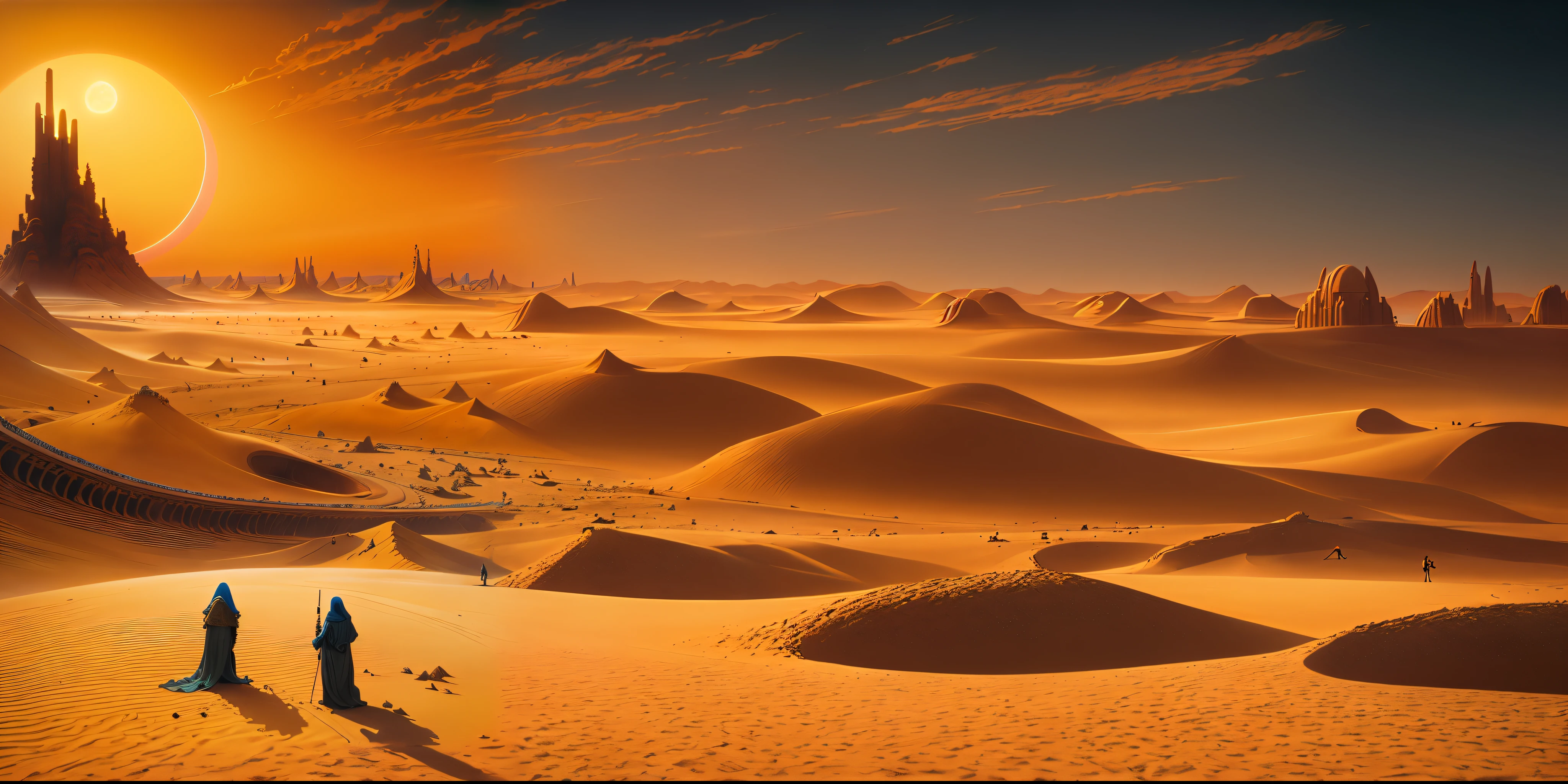 painting of two people in the desert with a sunset in the background, dune city and temples of arrakis, martian city, stunning alien landscape, beeple and jean giraud, epic fantasy sci fi illustration, sci-fi fantasy art, planet arrakis, amazing alien landscape, desert alien planet, sand desert fantasy, beautiful alien landscape, science fiction landscape