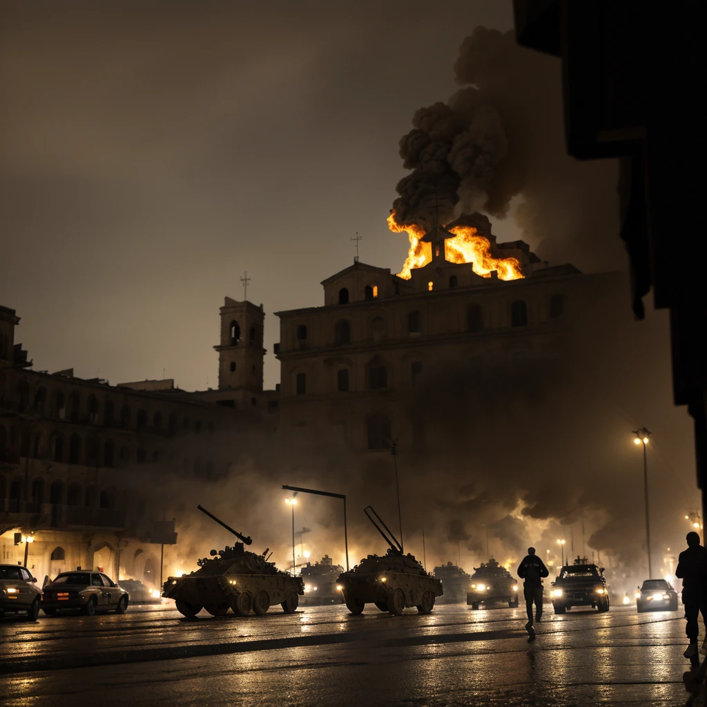 military tanks run down the streets of Matera, bombing around, people scream and run, terror on their faces, dramatic ambiance, it's raining, (yes NSFW), sassi_di_matera on background, cathedral, fire and smoke, girls and boys hiding from the tanks.