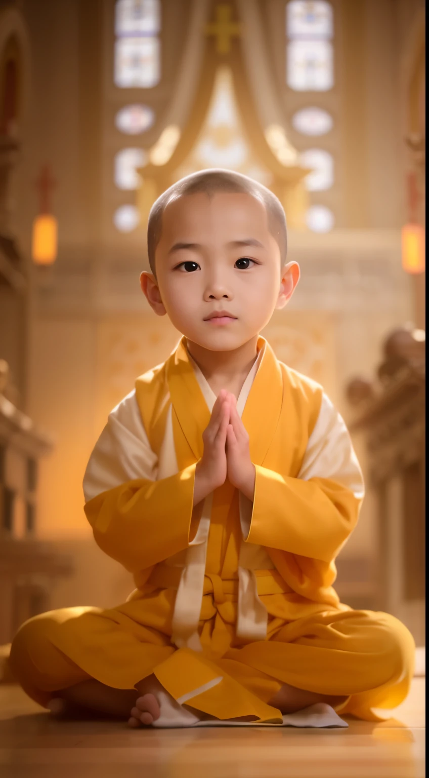 arafed boy in a yellow robe sitting on the floor in a church, yanjun chengt, Monk's robes, Young Angels, Taoist, cai xukun,  boy wearing nun costume, cloth used, Nam Jae-yeon, monk, Taoist temple and monks, Portrait shooting, yellow robe, AvatarAvatar, yellow robes