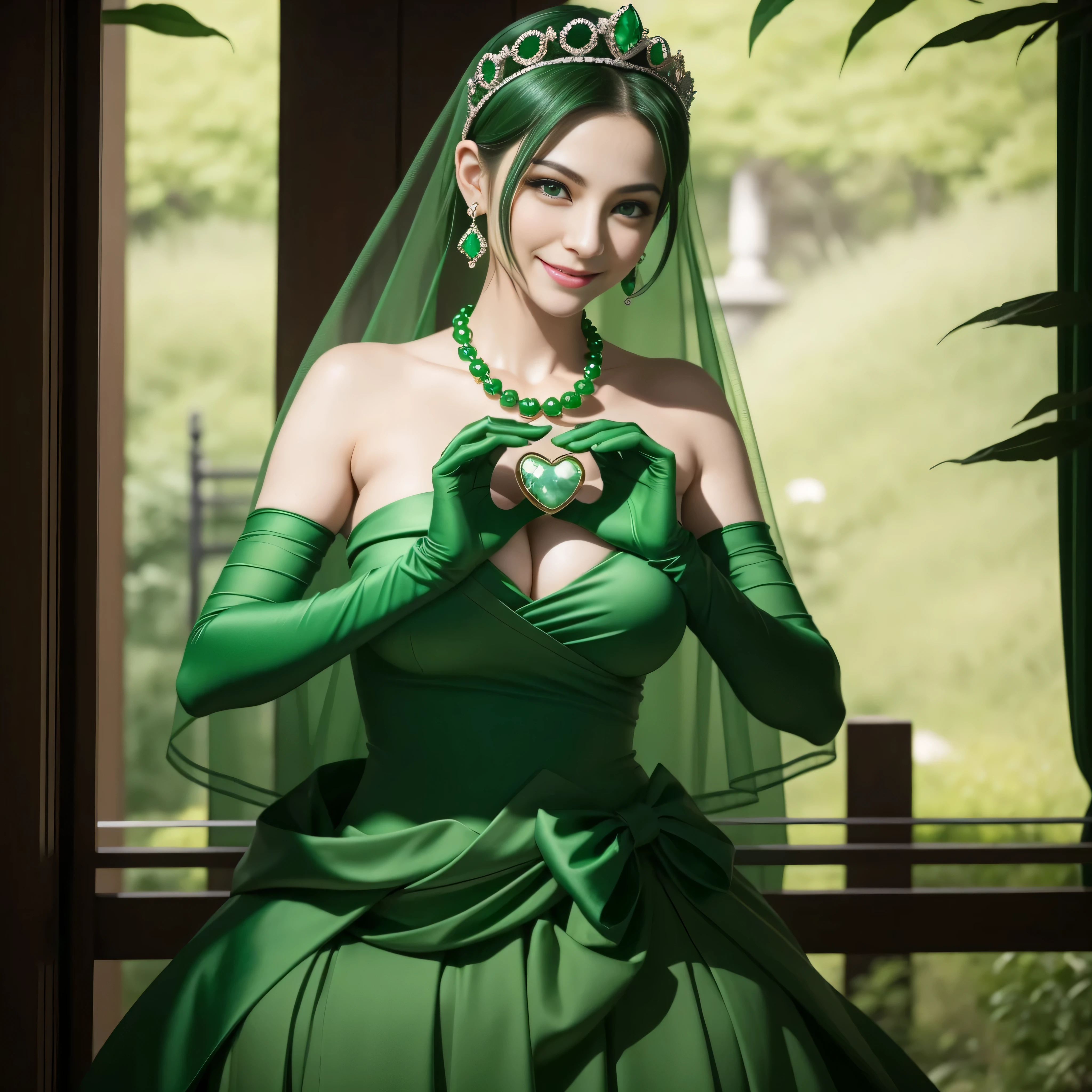 emerald tiara, Green Pearl Necklace, Boyish very short green hair, lipsticks, Japan woman smiling, very short short hair, big breasts beautiful, Green eyes, Long green gloves made of satin material, Green eyes, Emerald Earrings, green vale, 両Heart in the hand, Heart in the hand, Pregnancy, Pregnant Woman