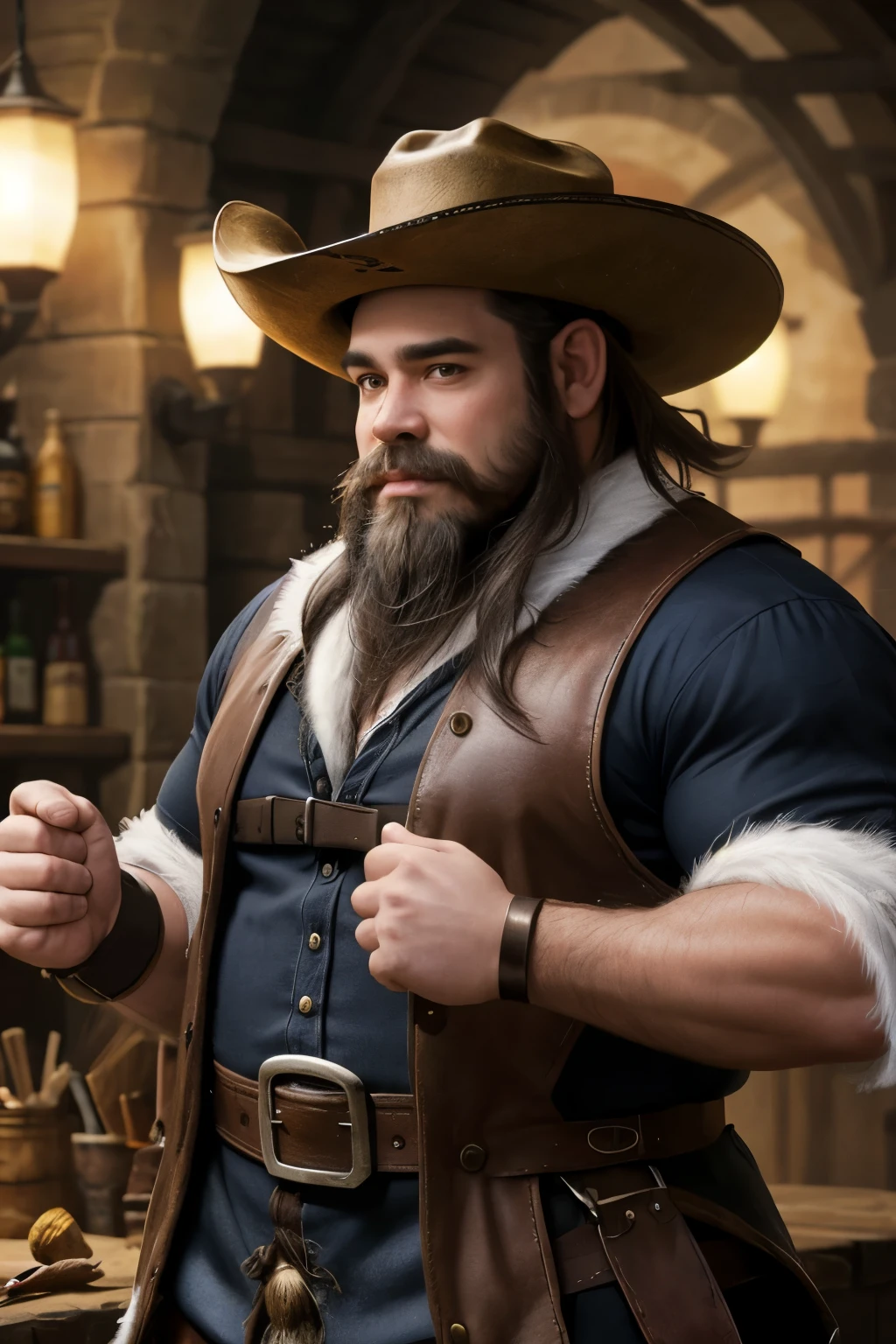 role-playing character, muscular dwarf, short black beard, merchant, big cowboy hat with a feather