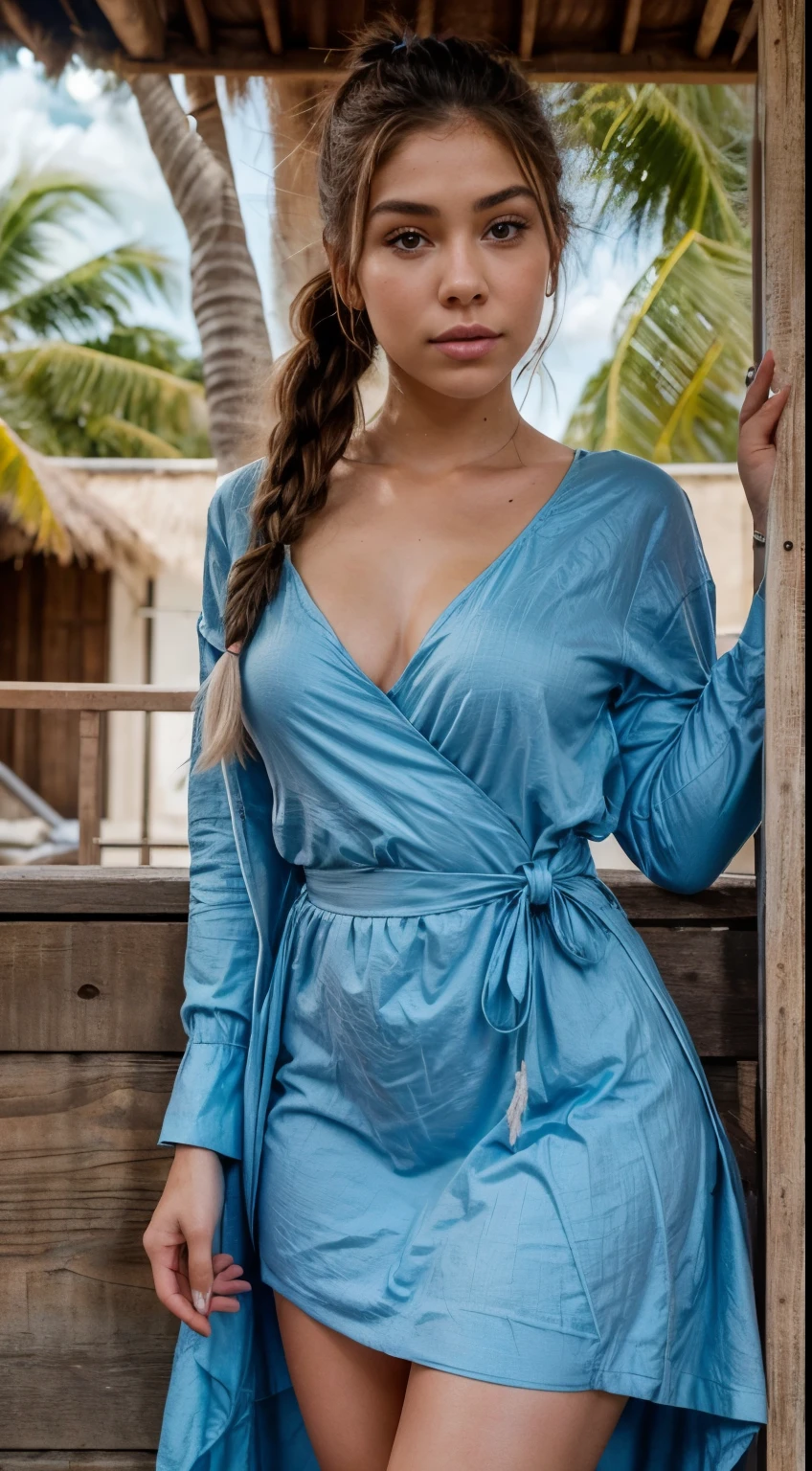 une femme aux cheveux bruns dans un parck d’attraction ,:: ,:: madison beer, streaming, pigtail, photoréaliste - h 6 4 0, 🎀 🧟 🍓 🧚, tu vois, live2d, ressemble à laura barriales, —ar 16:9, Sam Nassour, 5 0 s, incroyablement mignon,plan de la tête au pied , sourcils droits, elle porte une longe robe qui recouvre ton son corps de couleur bleu ciel , à Tahiti, photo prise de loin