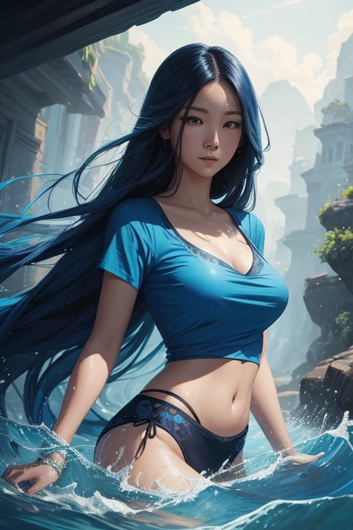 A painting of a woman with long hair and a blue top, Beautiful comic art, beautiful gorgeous digital art, Digital illustration, A beautiful artistic illustration, Asian Woman Water Elemental