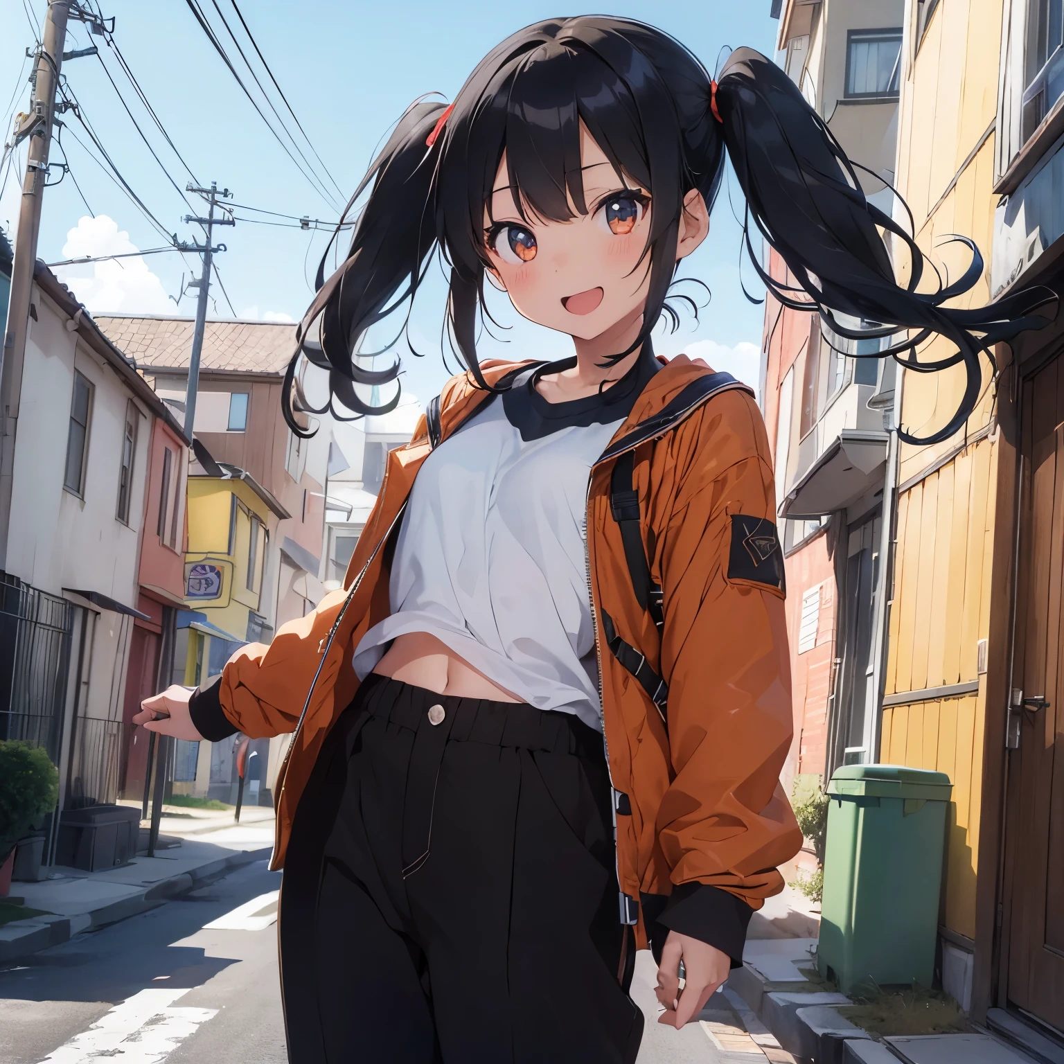 1girl, solo, \u003Clora:Tamaki Kotatsu_V2-000005:0.8>, Tamaki Kotatsu, ((((two side up、short twintalis,high twintails)))), black hair, long hair, bangs, blush, orange eyes, black coat, open coat, navel, long sleeves, baggy pants, \u003Clyco:GoodHands-beta2:1.0>, fix, (masterpiece:1.2), highres, best quality, 8k, very clear, day, sky, firefighter uniform, open mouth, smile, fire background, (masterpiece:1.2), highres, best quality, 8k, very clear