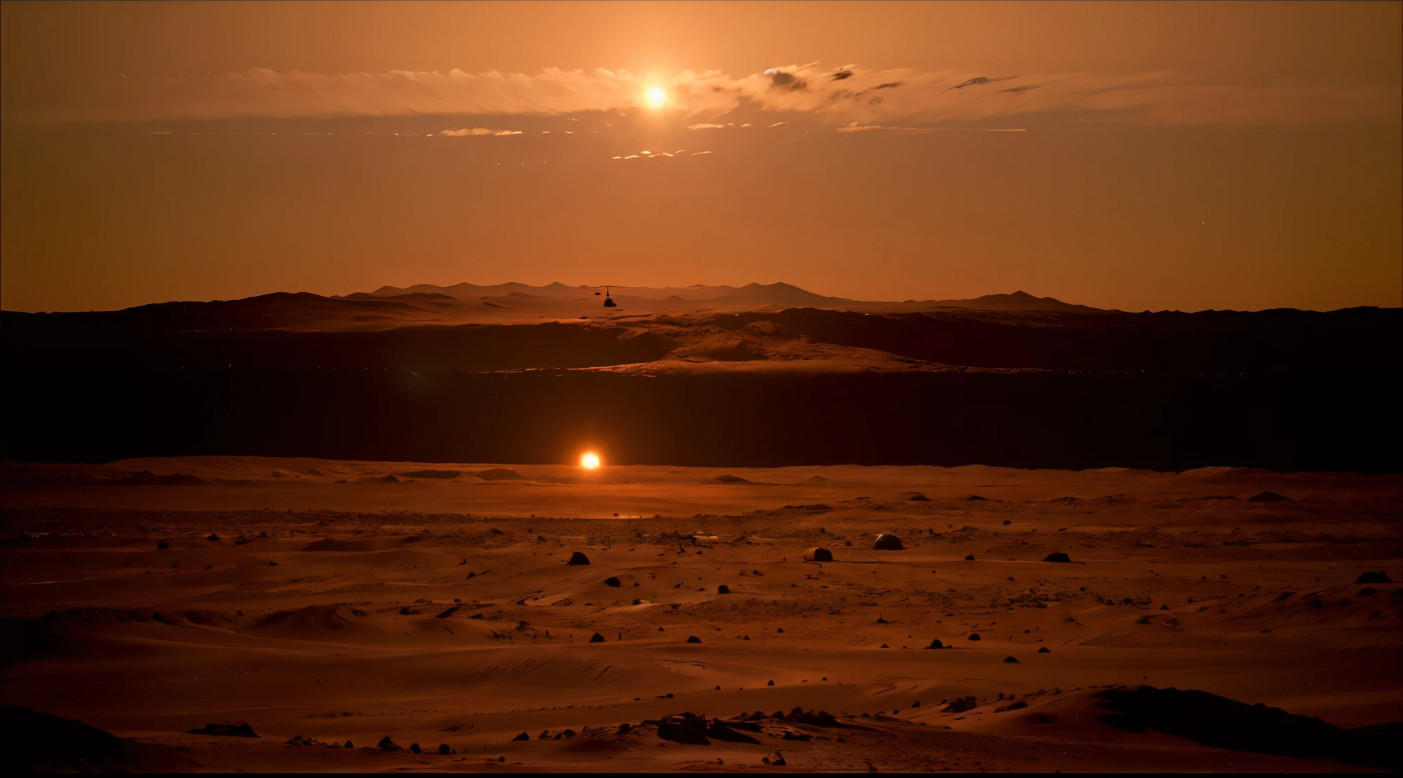 a mars like planet, in the horizon sets two suns