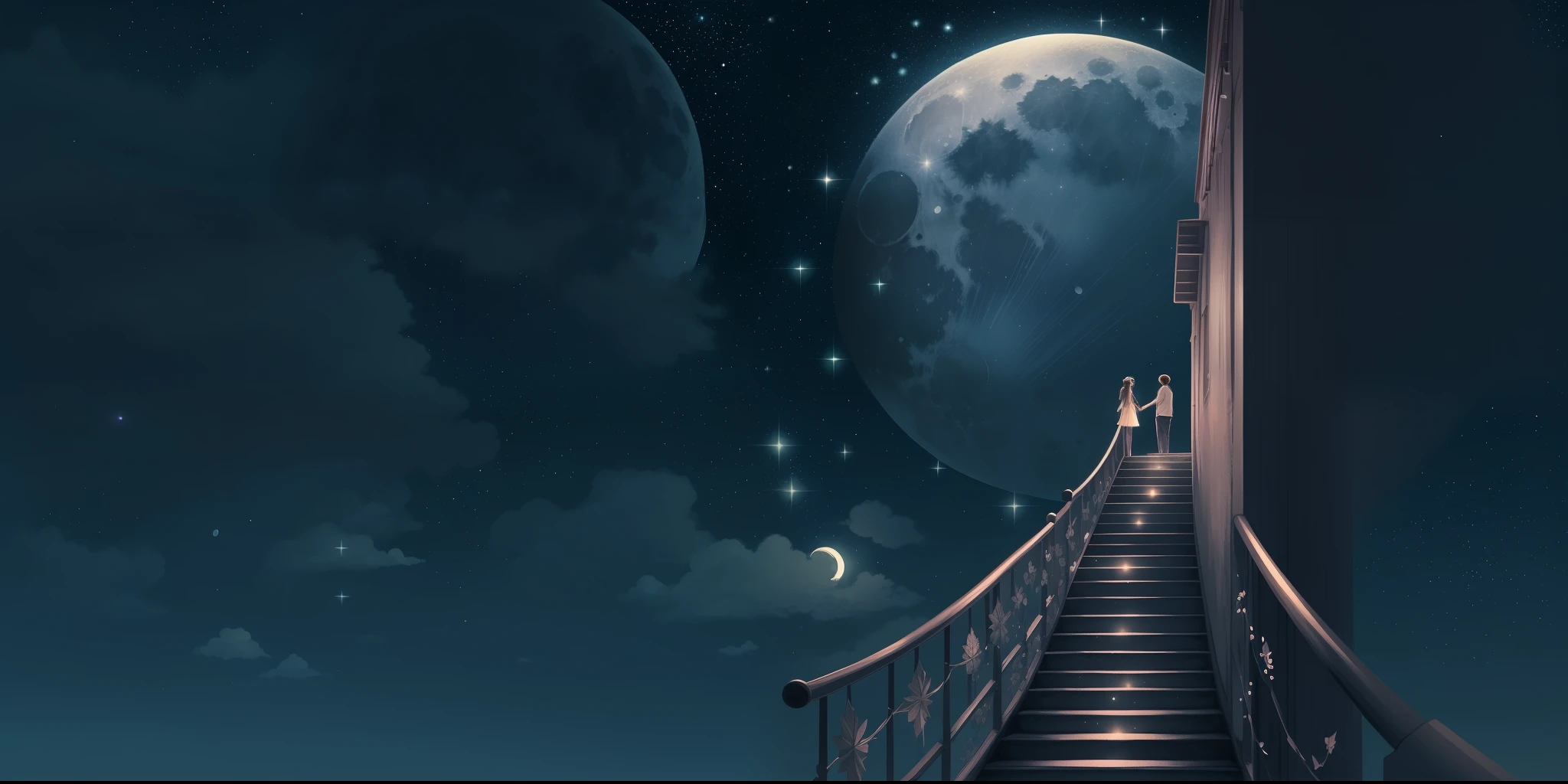 anime scene of a couple standing on a stairway with a full moon in the background, calm night. digital illustration, dreamy night, elevator to the moon, dreamy illustration, moonlit starry sky environment, in the moon, holding hands in the moonlight, moonlit night dreamy atmosphere, to the moon, in style of cyril rolando, night under the starry sky