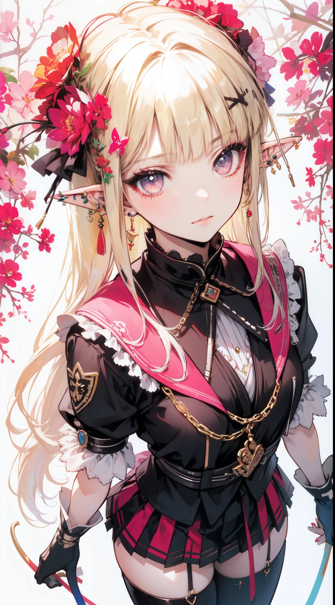 (masterpiece, top quality, best quality, official art, beautiful and aesthetic:1.2), ((elf)), ((1girl)), extreme detailed,(fractal art:1.3),colorful,highest detailed, Cowboy shot, from above, art by Artgerm, by wadim kashin, by Kawacy, by Yoshitaka Amano, BREAK, (elf), (1girl), solo, perfect face, details eye, Blunt bangs, Blonde white hair, (hair between eye), eyelashes, eyeshadow, pink eyeshadow, BREAK, corsages, jirai kei, (jirai kei fashion:1.1), Frills, Skirts, Various accessories, (ear piercing), punky style, Japanese subculture, fashion, Stockings, colorful, (Dark circles:1.2),