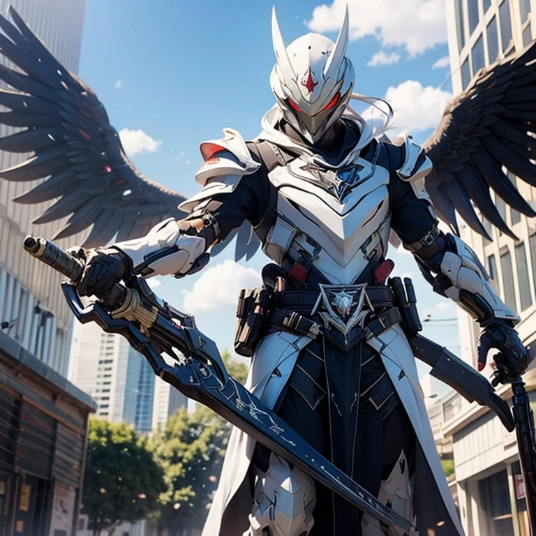 White hood,male people,hidden blade,Eagle beak hood,armor,White cloak,assassins creed,sci-fy,Long Gun,a shield,exoskeleton,masked,helmet under hood,Mechanical wings,Skirt,Skirt armor