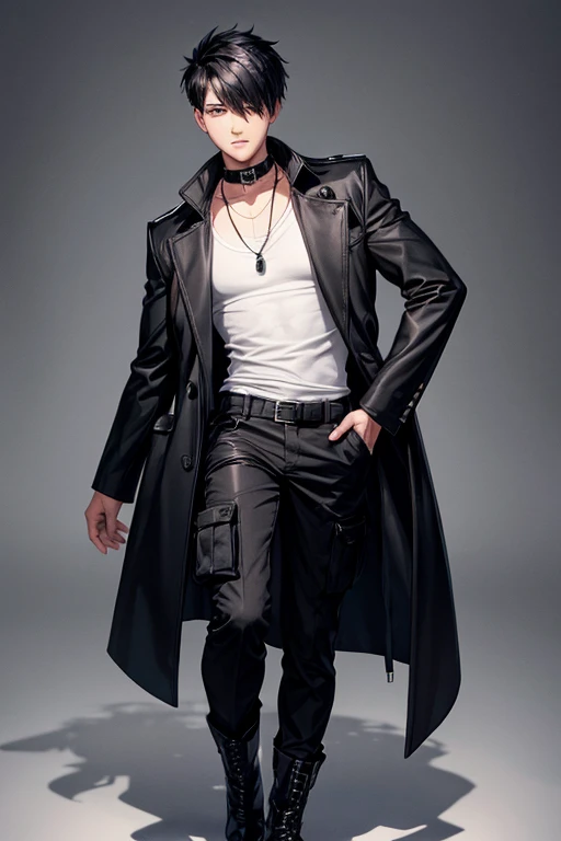 man with black short hair and black eyes, black T-shirt, black long coat with collar, black cargo pants, black high boots, one eye covered by hair, silver earring in one ear,full body art, black background