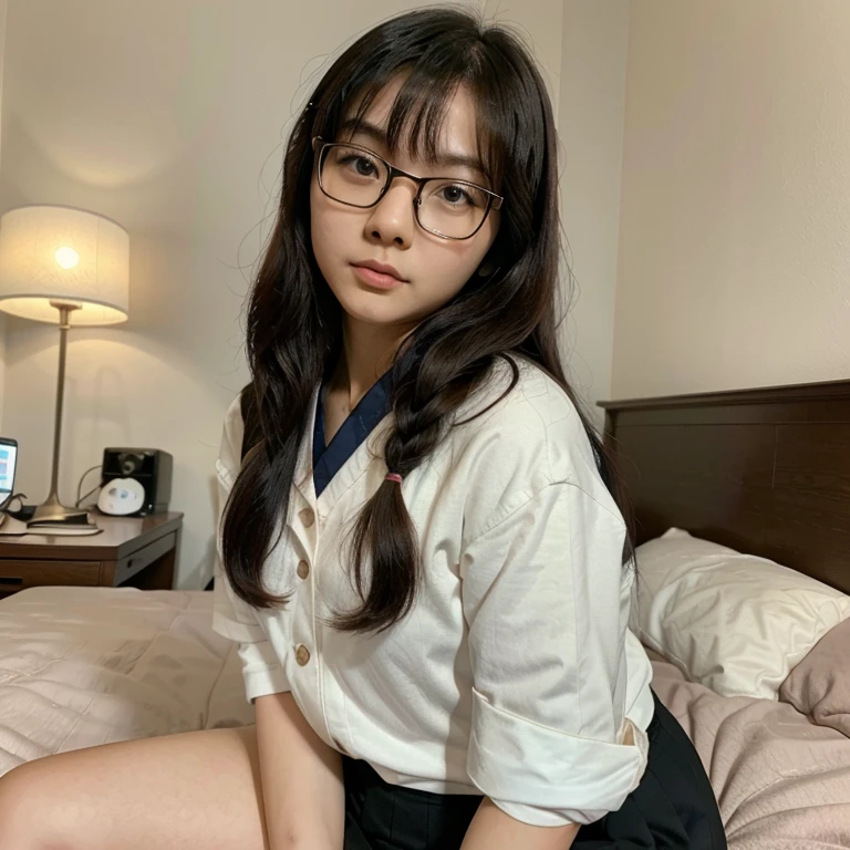 (Highest quality, 8K, masterpiece ), A 12-year-old junior high school student with a young face、 The eyes are large and clear、Black Hair、Wearing a beige mask:1.3、White Button Down Shirt、Glamour thighs:1.2、, Highly detailed face, double eyelid, Strong natural light、whole body、Sexy thighs:1.2、Side angle,Diagonal horizontal angle:1.2、Black Mini Skirt、On the bed、Rectangular frame glasses