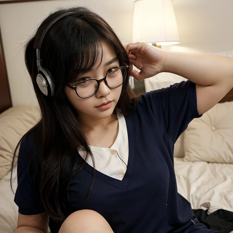 Korean Asian woman wearing glasses and headphones sitting on the bed, with glasses, korean girl, thick glasses, age is 18 years old, 2 2 years old, thicc, 21 years old, beautiful asian girl, asian girl, young and cute girl, with glasses on, spectacled, cutecore, big glass, Cat girl is so cute...,japanese school uniform,braid,Red-Haired