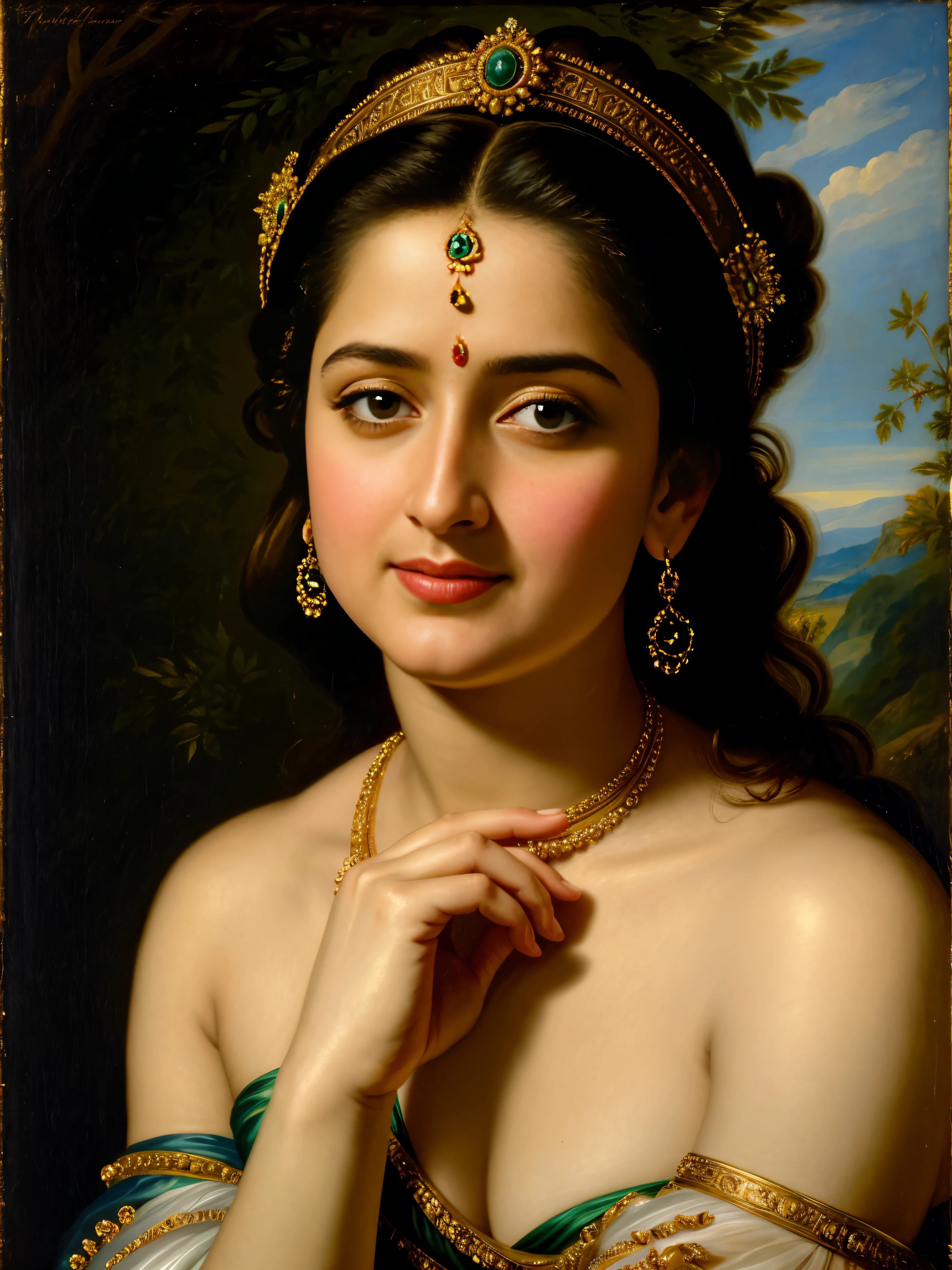 Looks like Anushka Shetty, Masterpiece, Best quality, high clarity eyes, beautifully styled hair, critically flawless,sharp picture, Full portrait, High pixels, perfect face, perfect eyes, beautiful face, perfect hands,perfect fingers, in Peter Paul Rubens style, by Peter Paul Rubens, baroque style, acrylic on canvas, highly detailed, description: "Create a nymph inspired by the tales of Greek or Roman mythology, embodying the essence of a natural element or location, and possessing a unique ability or trait that sets her apart."