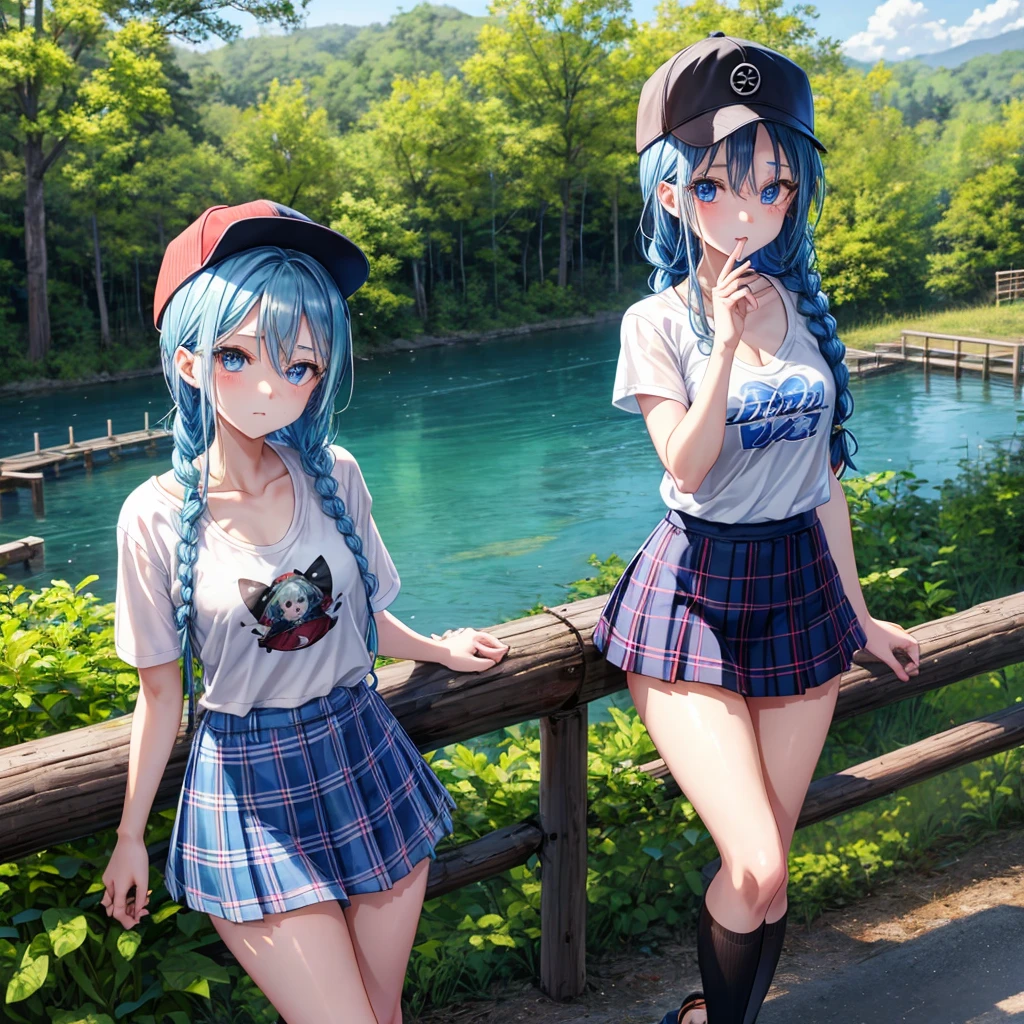 Blue hair、blue eyess、Braids、one good looking girl、独奏、animesque、Plaid miniskirt、Black T-shirt、camisole、the woods、Sunlight、Wearing a plaid baseball cap、bare-legged、Tilting your face、Walking、Crossing a log bridge while keeping balance