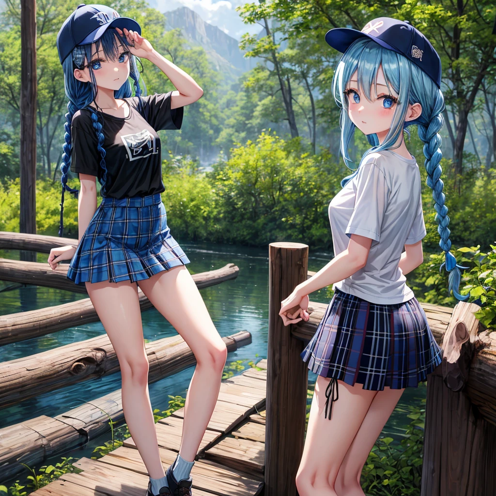Blue hair、blue eyess、Braids、one good looking girl、独奏、animesque、Plaid miniskirt、Black T-shirt、camisole、the woods、Sunlight、Wearing a plaid baseball cap、bare-legged、Tilting your face、Walking、Crossing a log bridge while keeping balance