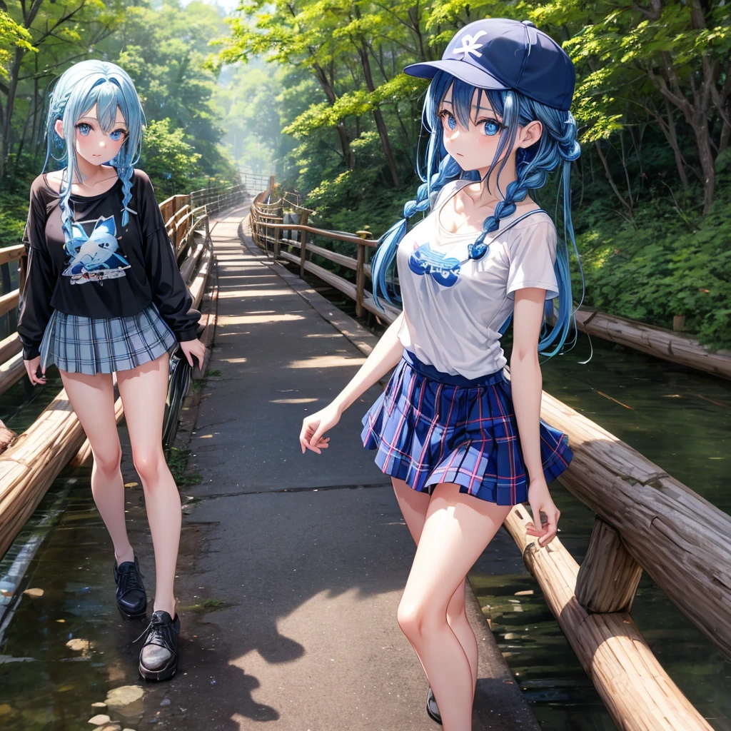 Blue hair、blue eyess、Braids、one good looking girl、独奏、animesque、Plaid miniskirt、Black T-shirt、camisole、the woods、Sunlight、Wearing a plaid baseball cap、bare-legged、Tilting your face、Walking、Crossing a log bridge while keeping balance