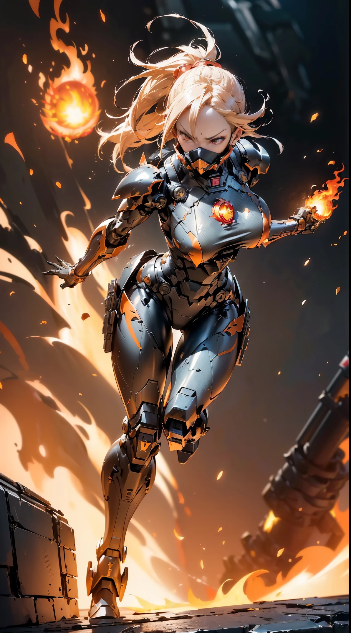 woman wearing ninja armor,(Push your palm forward and fire a fireball:1.5),(tactical open face mask),(orange body:1.1),(sensually:1.4),(large full breasts:1.3),(long legged:1.1),(A detailed eye:1.3),(A detailed face:1.3),(Detailed weapons:1.3),(Detailed body:1.3),(full body Esbian:1.5),(The background is an inferno effect:1.5:),(blur backgroun:1.3),逼真,(((masutepiece,Extremely detailed, Heavy mechs, hard surface)))