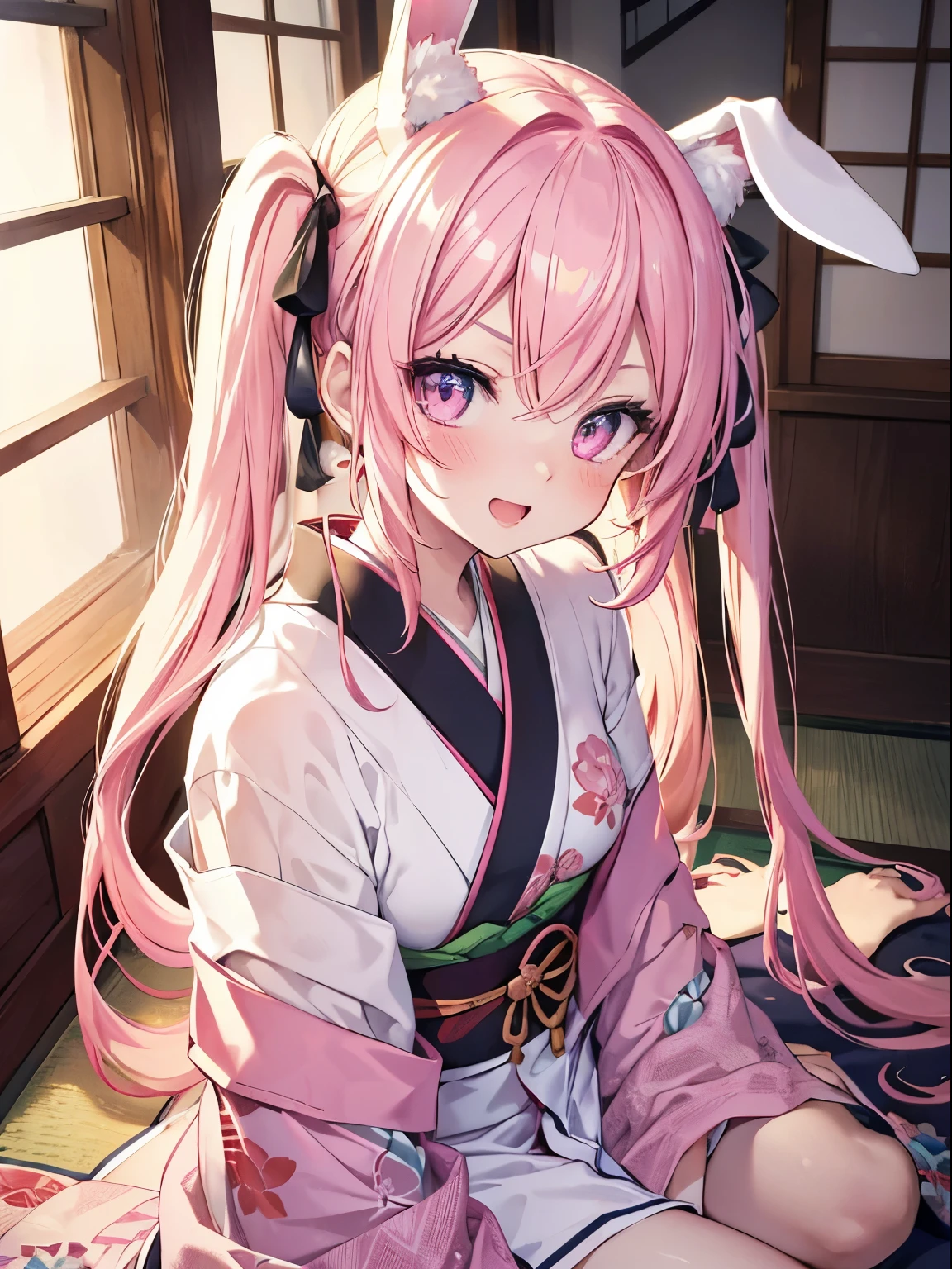 masutepiece, Highest Quality, (Perfect face:1.1), (high detailing:1.1), (ultradetailed eyes), Dramatic, superfine illustration, Extremely detailed,1girl in, (pale skin), Happy, Laugh, Enjoy, Cheerful,Open mouth,gloweyes,pinkhair, (long twintail),Ethereal eyes,surprised, pink eye,(light eyebrow),blush, Solo,Pouty lips,Cinematic lighting,upper body,Looking up,learning forward,from above,for front,indoor, Japanese style room, Kimono,rabbit ears, sitting on the floor