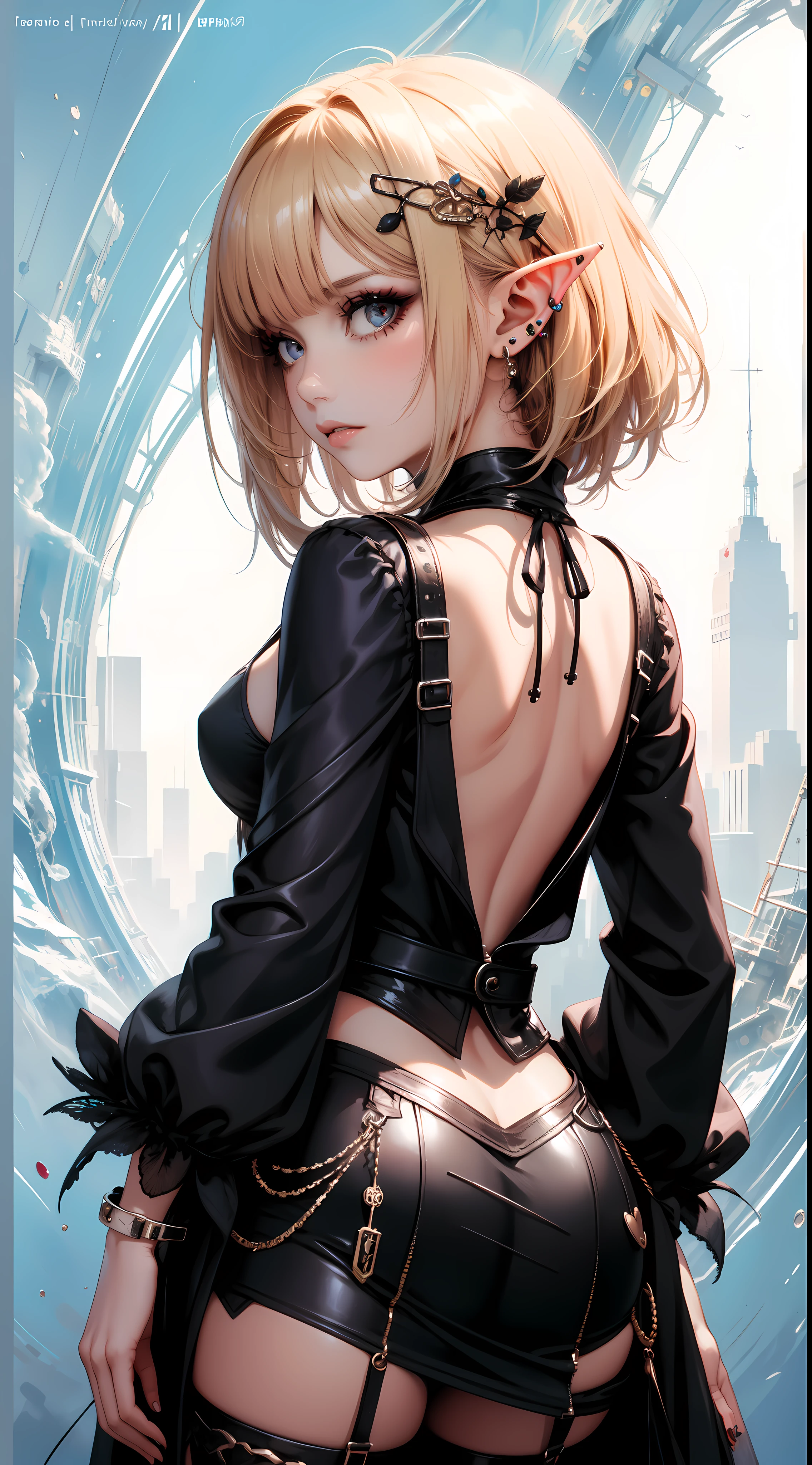 (masterpiece, top quality, best quality, official art, beautiful and aesthetic:1.2), ((elf)), ((1girl)), extreme detailed,(fractal art:1.3),colorful,highest detailed, portrait, from behind, art by Artgerm, by wadim kashin, by Kawacy, by Yoshitaka Amano, BREAK, (elf), (1girl), solo, perfect face, details eye, Blunt bangs, Blonde white hair, (hair between eye), eyelashes, eyeshadow, pink eyeshadow, BREAK, corsages, jirai kei, (jirai kei fashion:1.1), Frills, Skirts, Various accessories, (ear piercing), punky style, Japanese subculture, fashion, Stockings, colorful, (Dark circles:1.2),