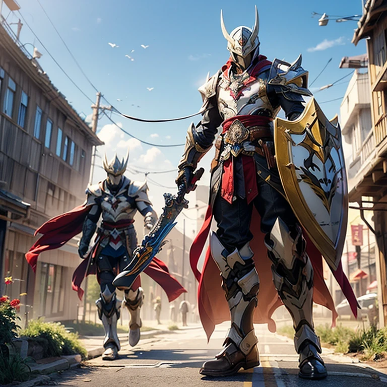 White hood，male people，hidden blade，Eagle beak hood，armor，White cloak，assassins creed，sci-fy，Long Gun，a shield，masked，helmet under hood，Mechanical wings，Skirt，Skirt armor