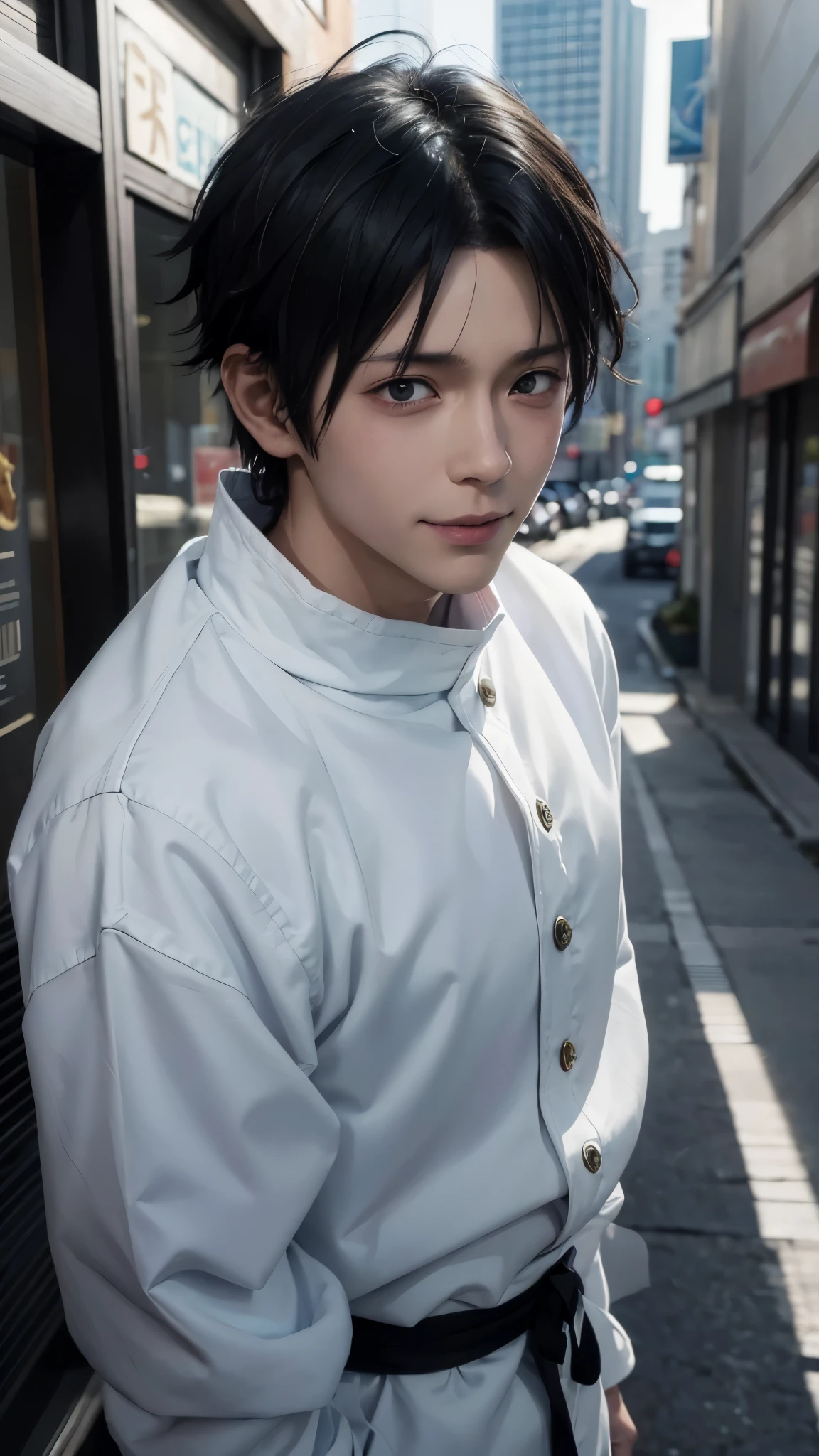 1man, yuta okkotsu in anime jujutsu kaisen, short hair , black hair, black eyes, beautiful eyes, handsome, smile, white clothes, realistic clothes, detail clothes, city background, ultra detail, realistic, serious face