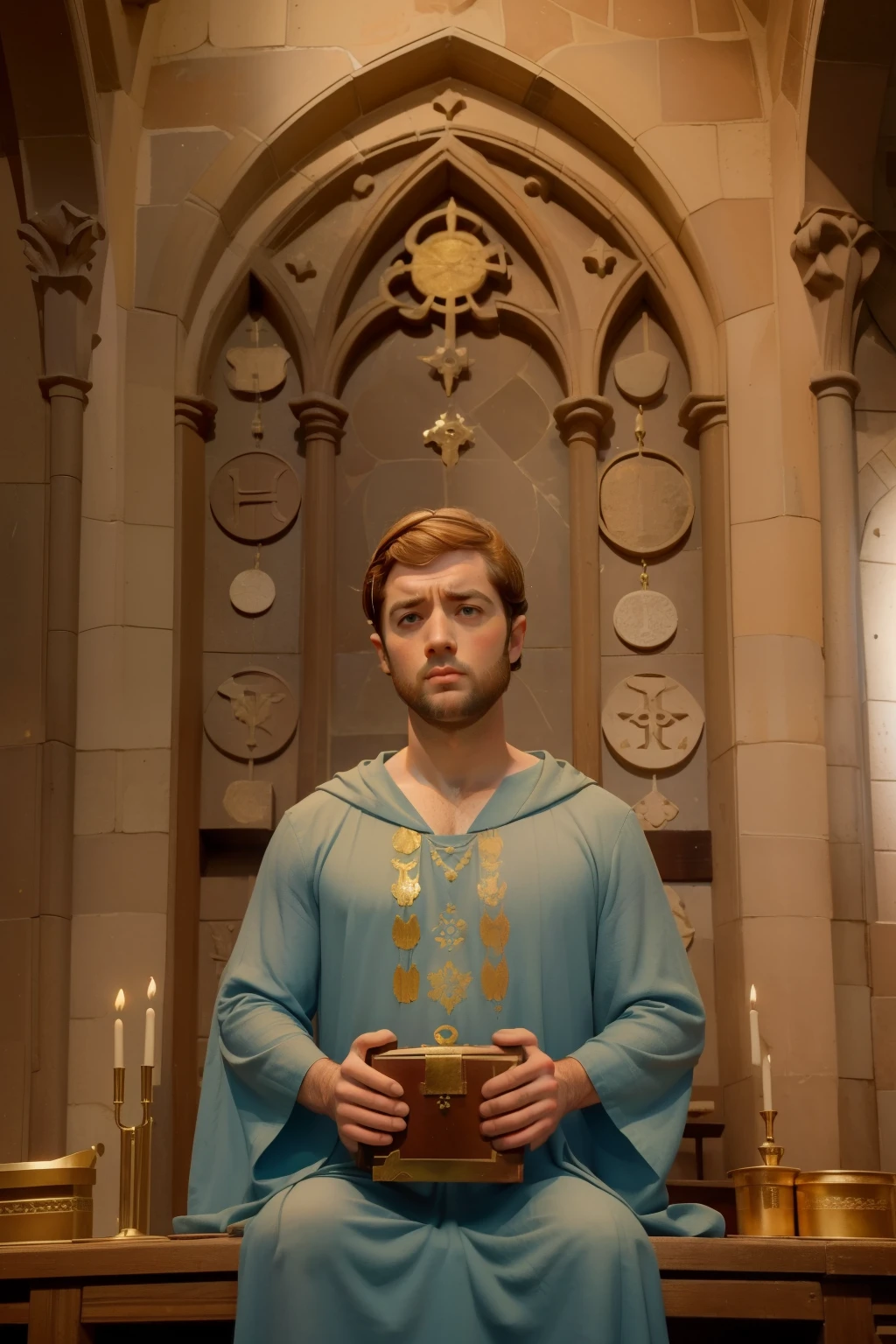 1144, Cherburgo, Francia. Escena sobrenatural en una iglesia medieval de piedra, ((((35 years old)) Richard Rankin)), monje, frente a un ((cofre del tesoro lleno de monedas, mucho dinero)), ((angry expression, frowning mouth)), ((((12th century plain tunic dress)))), ((Peinado del siglo XII.)), ((Cinematic style by Wes Anderson)), De color