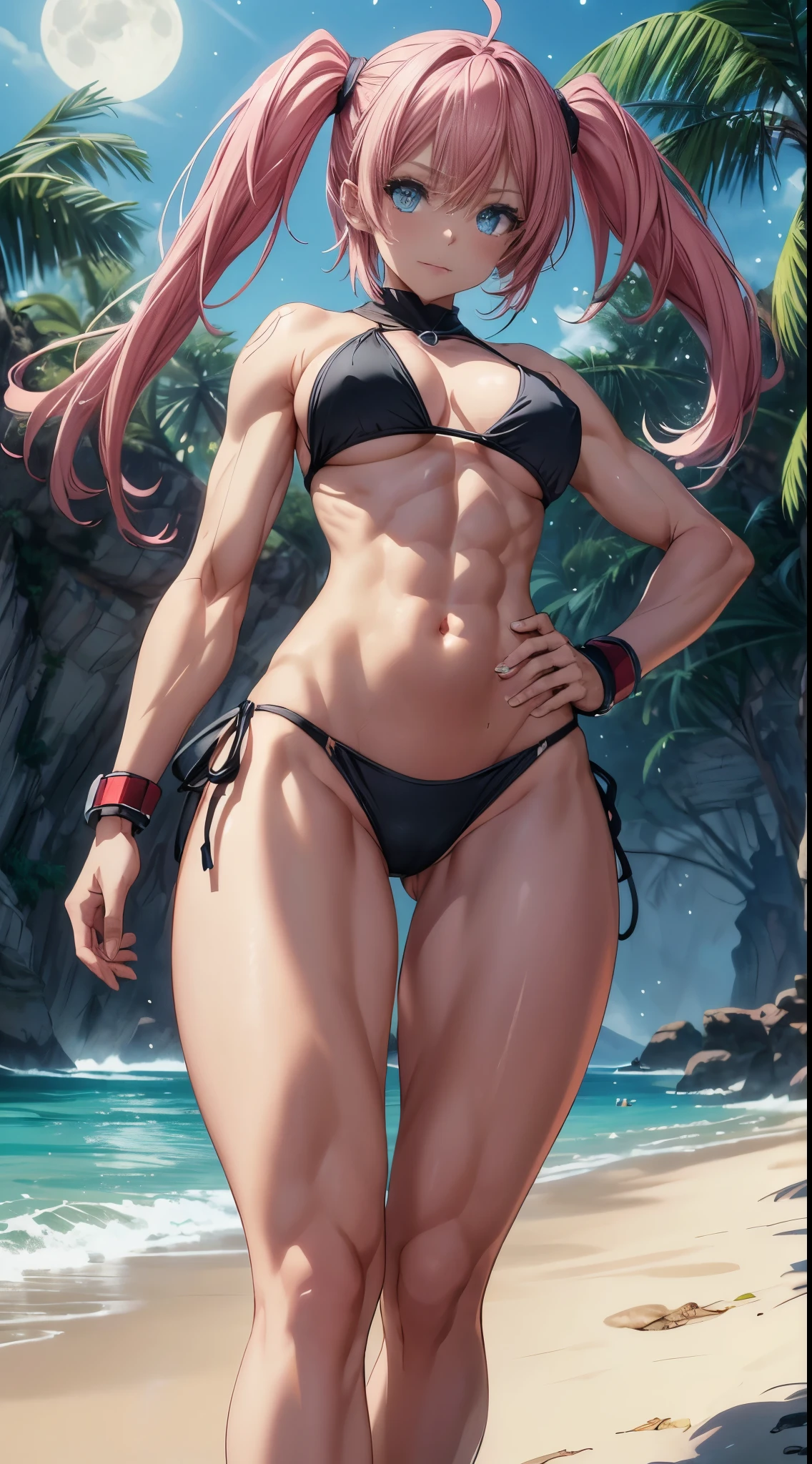 1 girl, (medium breasts))), (((wearing short bikini))), (long pink hair), (((blue eyes))), slim arms, (on the beach at night with starry sky and full moon blood), (slim waist), (((muscular legs))), muscular belly, bare feet, (((showing her big ass to me))), (full body photo), (twintails), long eyes, eye flare, bad mood, anime, anime style, ray tracing, glare, drop shadow, panorama, Sony FE, 8k, UDisk, masterpiece, accurate, anatomically correct, Super Detail, best quality, ultra high resolution, UDisk hard, 16k