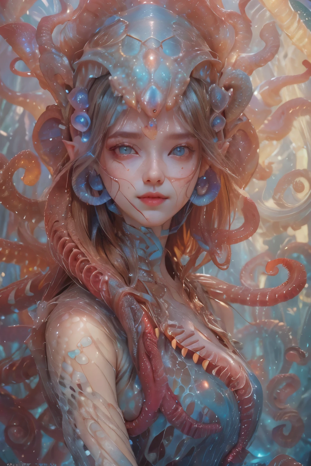 Portrait, (1 beautiful female alien:1.2), ((There is a female genital-like organ in the middle of the forehead:1.9)), (The most beautiful face in the history of the universe:1.2), (Scarlet eyes that shine mysteriously:1.6), (Translucent skin:1.8), an evil gaze that seduces, (red eyes:1.5), (large mouth:1.1), sharp teeth like a shark, Full body like, (bio luminescent:1.2), (Smile wickedly:1.3), (sexypose:1.5), alien, No humans, cells are fused, (Lots of translucent tentacles:1.1) (Translucent skin:1.3), extraterrestrial, cell, bio image, Best Quality, 8K,4K_quality, High Definition, Dramatic Lighting, masutepiece:1.5,cinematic quality, detail up, (Intricate details:1.2), High resolution, High Definition, drawing faithfully, (Thick eyebrows:1.2), Beautiful eyes with fine symmetry, (Ultra detailed eyes:1.2),(Highly detailed face and eyes:1.2), (High-resolution red-eye:1.4), Intimate face, (Super detailed skin quality feeling:1.4), Perfect Anatomy, (Beautiful toned body:1.5), (Moist skin:1.2), No makeup, (dark circles:1.1), long canines, cinematic drawing of characters, ultra high quality model, cinematic quality, detail up, (Intricate details:1.2), High resolution, High Definition, drawing faithfully, Official art, Unity 8K wall , 8K Portrait, Best Quality, Very High resolution, ultra detailed artistic photography, midnight aura, unreal enginee 5, Ultra Sharp Focus, art by alberto seveso, ArtGerm, Roisch, intricate artwork, best quality, masutepiece, ultra High resolution, (photos realistic:1.4), Ultra-realistic realism, dream-like, nautilus, Creation of fantasy, Snail, Dream Snail, (biopunk nautilus:1.3), Thrilling color schemes, Ultra-realistic realism, seductively smiling, Blue tentacles