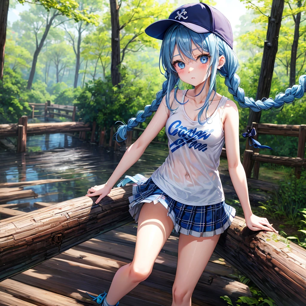 Blue hair、blue eyess、Braids、one good looking girl、独奏、animesque、Plaid miniskirt、Black T-shirt、camisole、the woods、Sunlight、Wearing a plaid baseball cap、bare-legged、Tilting your face、Walking、Crossing a log bridge while keeping balance、Doing the ribbon