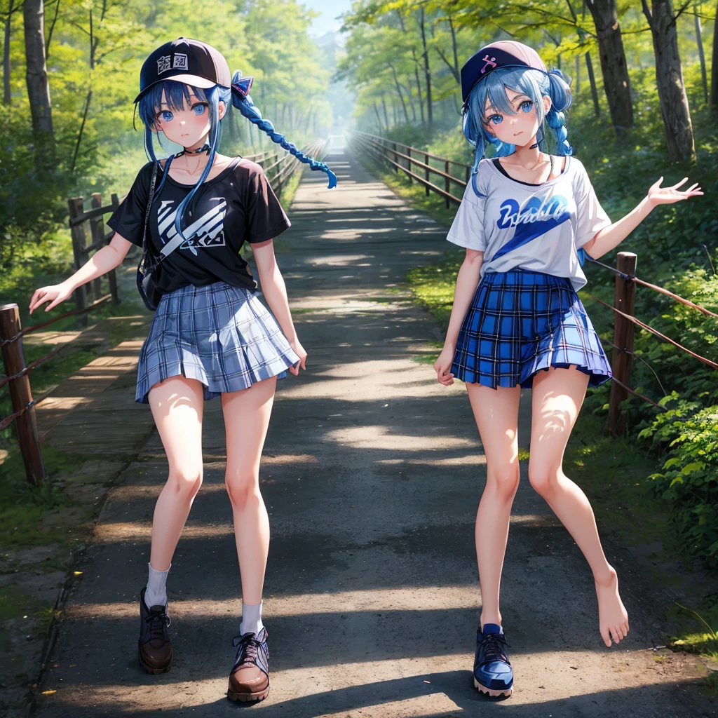 Blue hair、blue eyess、Braids、one good looking girl、独奏、animesque、Plaid miniskirt、Black T-shirt、camisole、the woods、Sunlight、Wearing a plaid baseball cap、bare-legged、Tilting your face、Walking、Crossing a log bridge while keeping balance、Doing the ribbon