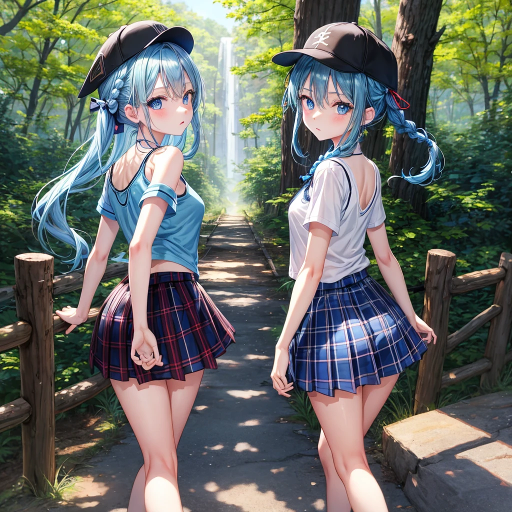 Blue hair、blue eyess、Braids、one good looking girl、独奏、animesque、Plaid miniskirt、Black T-shirt、camisole、the woods、Sunlight、Wearing a plaid baseball cap、bare-legged、Tilting your face、Walking、Crossing a log bridge while keeping balance、Doing the ribbon