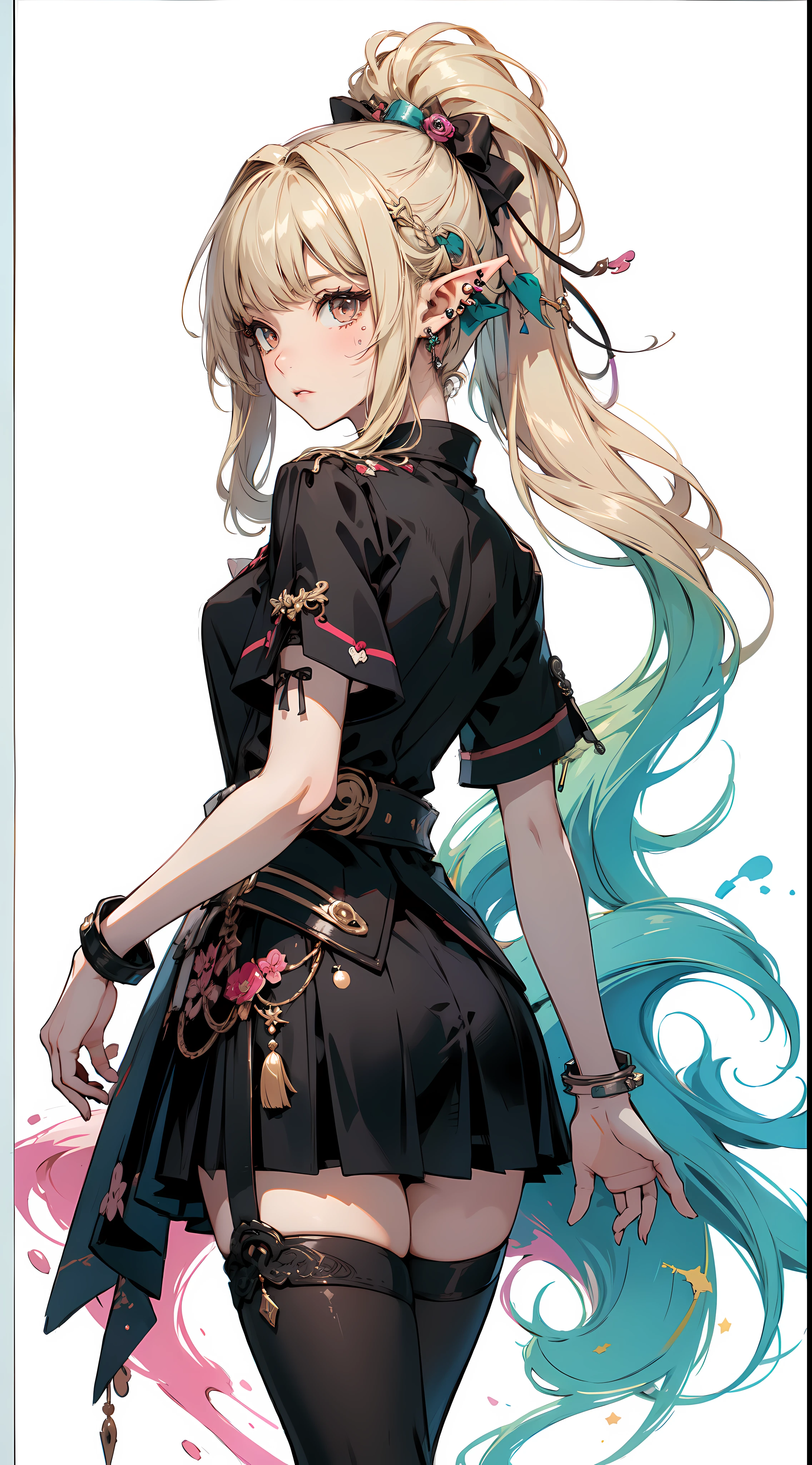 (masterpiece, top quality, best quality, official art, beautiful and aesthetic:1.2), ((elf)), ((1girl)), extreme detailed,(fractal art:1.3),colorful,highest detailed, portrait, from behind,  art by Artgerm, by wadim kashin, by Kawacy, by Yoshitaka Amano, BREAK, (elf), (1girl), solo, perfect face, details eye, Blunt bangs, Blonde white hair, (hair between eye), eyelashes, eyeshadow, pink eyeshadow, BREAK, corsages, jirai kei, (jirai kei fashion:1.1), Frills, Skirts, Various accessories, (ear piercing), punky style, Japanese subculture, fashion, Stockings, colorful, (Dark circles:1.2),