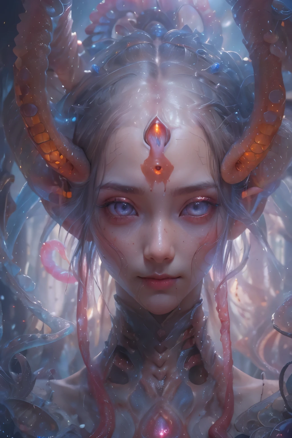 Portrait, (beautiful female alien:1.2), (she has red eyes with no pupils:1.8), (Translucent skin:1.7), (There is a female genital-like organ in the middle of the forehead:1.9), (The most beautiful face in the history of the universe:1.2),an evil gaze that seduces, (large mouth:1.1), (sharp teeth like a vampire:1.2), Full body like, (bio luminescent:1.5), (Smile wickedly:1.3), (sexypose:1.5), alien, No humans, cells are fused, (Lots of translucent tentacles:1.3) extraterrestrial, cell, bio image, Best Quality, 8K,4K_quality, High Definition, Dramatic Lighting, masutepiece:1.5,cinematic quality, detail up, (Intricate details:1.2), High resolution, High Definition, drawing faithfully, (Thick eyebrows:1.2), Beautiful eyes with fine symmetry,(Highly detailed face and eyes:1.2), Intimate face, (Super detailed skin quality feeling:1.4), Perfect Anatomy, (Beautiful toned body:1.5), (Moist skin:1.2), No makeup, (dark circles:1.1), long canines, cinematic drawing of characters, ultra high quality model, cinematic quality, detail up, (Intricate details:1.2), High resolution, High Definition, drawing faithfully, Official art, Unity 8K wall , 8K Portrait, Best Quality, Very High resolution, ultra detailed artistic photography, midnight aura, unreal enginee 5, Ultra Sharp Focus, art by alberto seveso, ArtGerm, Roisch, intricate artwork, best quality, masutepiece, ultra High resolution, (photos realistic:1.4), Ultra-realistic realism, dream-like, nautilus, Creation of fantasy, Snail, Dream Snail, biopunk nautilus, Thrilling color schemes, Ultra-realistic realism, seductively smiling, Blue tentacles,