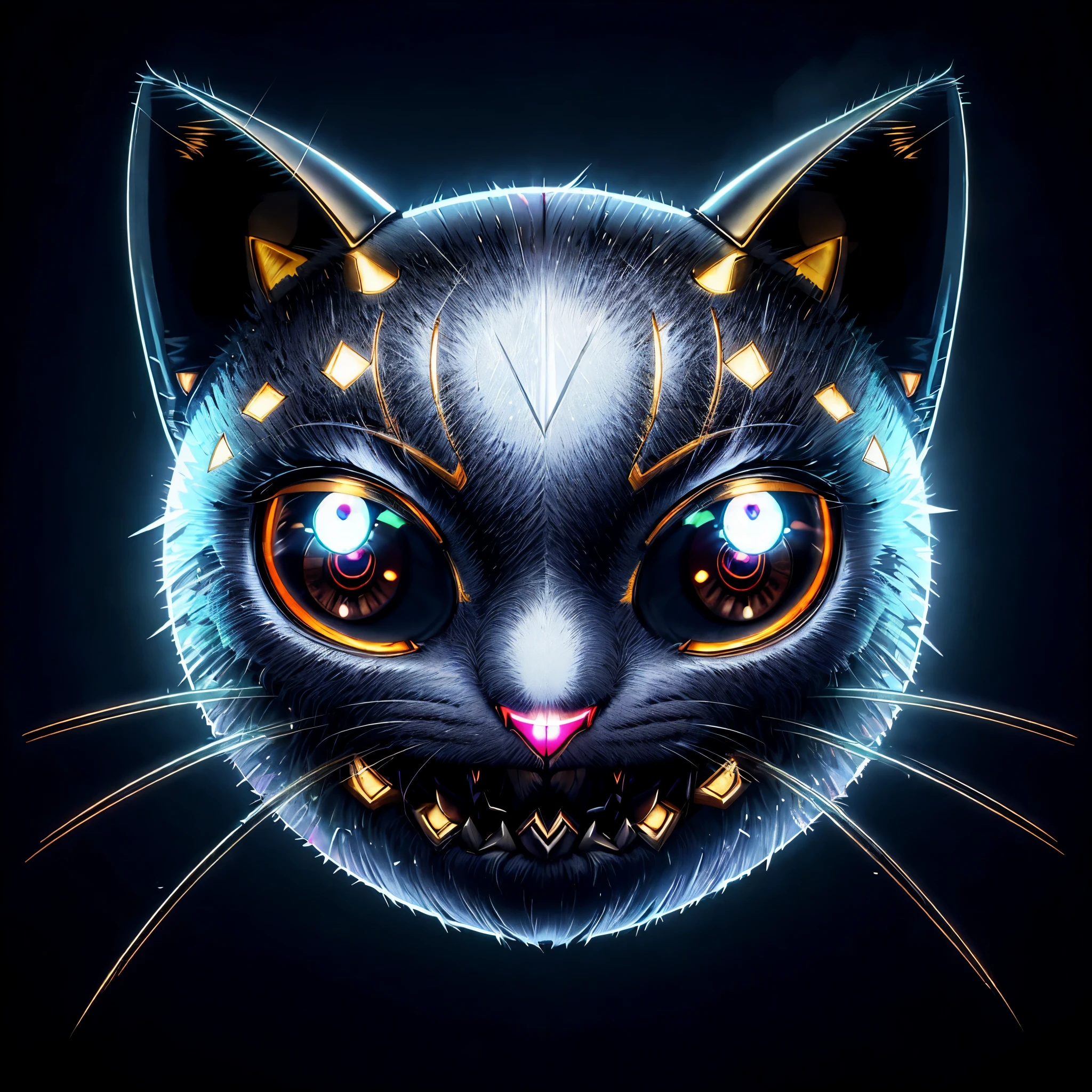 There's a cat with glowing eyes and a glowing nose, Metal cat ears and glowing eyes, metal and glowing eyes, Cyberpunk cat, cyborg cat, cat design, space cat, a cyborg cat, cybercat, cyborg kitten, Cat with laser eyes, robotic cat, armored cat, Bright, glowing eyes like LEDs, Cat Robot, cat from the void, Cat head
