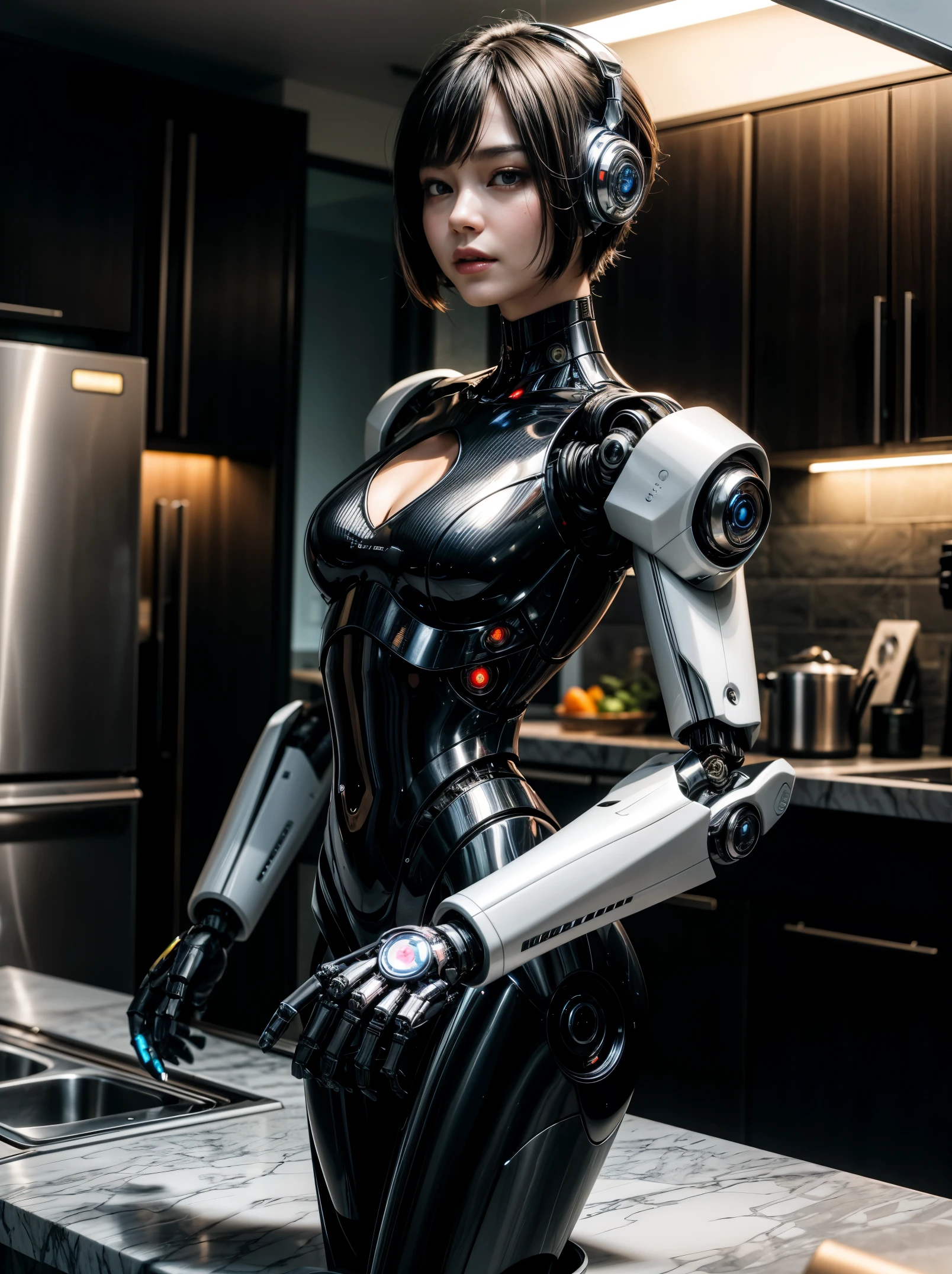 Close-up of robot butler standing near luxury kitchen counter,Butler dress up。futuristic robotic, Beautiful robot character design, cyberpunk cyborg, robot body, robotic body, posing robotically, humanoid servo, futuristic robotic, the most advanced humanoid robot,Global illumination。