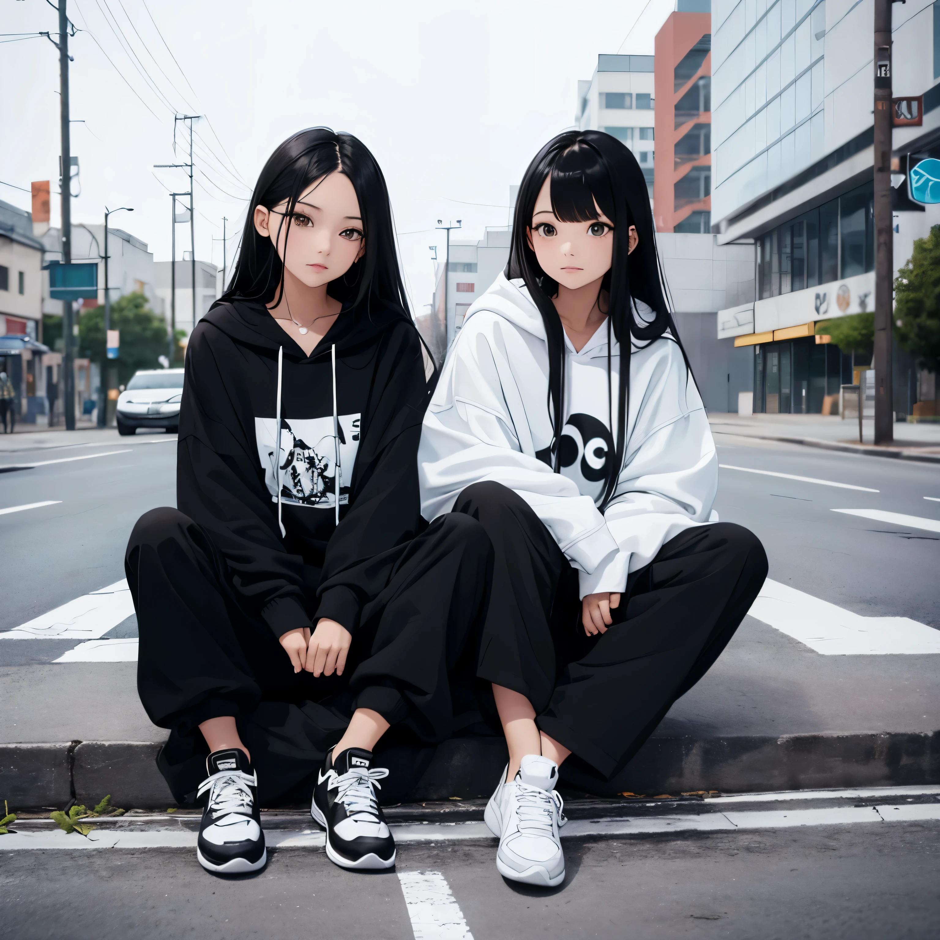 Two beautiful and cute girls, long black hair, black and white hoodie, trousers, sneakers, tall, decent, roadside, Sit, Close